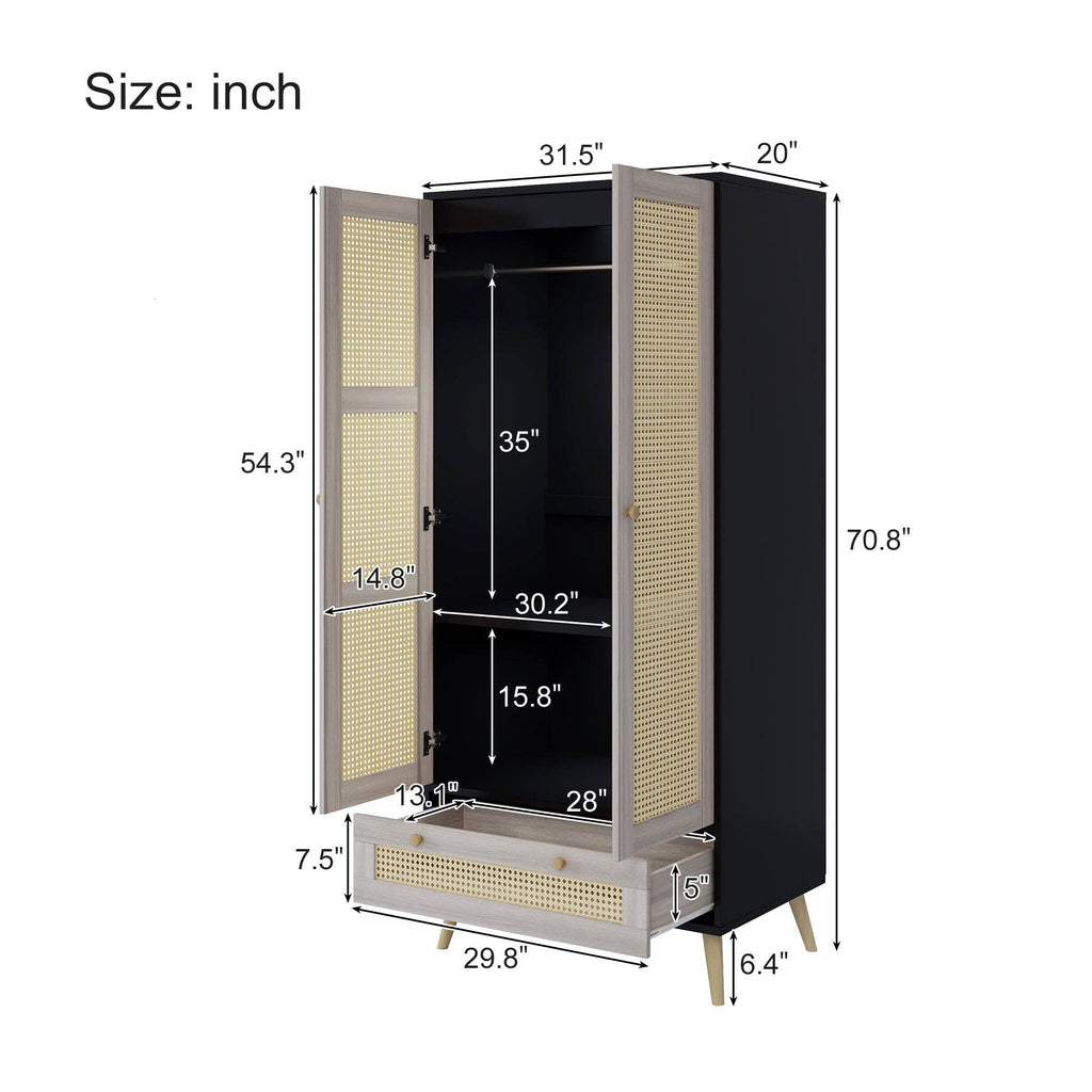 71inH Boho Rattan Armoire Wardrobe with Drawer Natural Black: Default