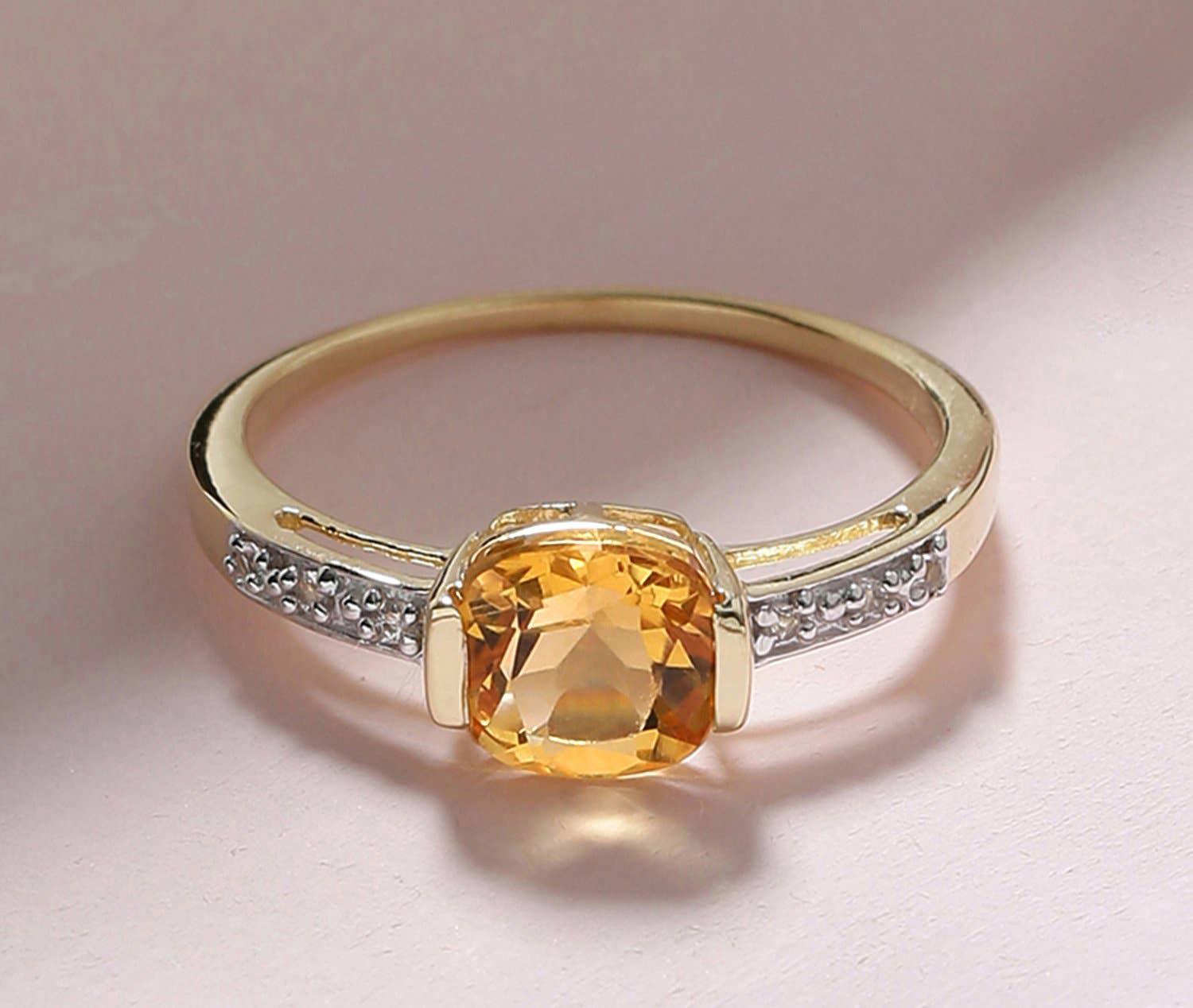 10K Yellow Gold Cushion-Cut Citrine Round White Topaz Ring: 8