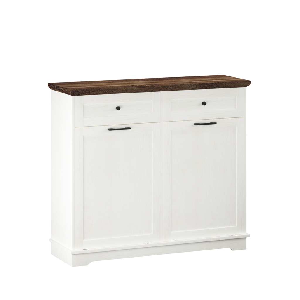 20 Gallon Double Tilt Out Trash Can Cabinet Freestanding Trash Bin Cabinet Wood Garbage Recycling Cabinet with Hideaway Drawer Pet Proof Trash Can Holder for Kitchen Living Room, Antique White: Default