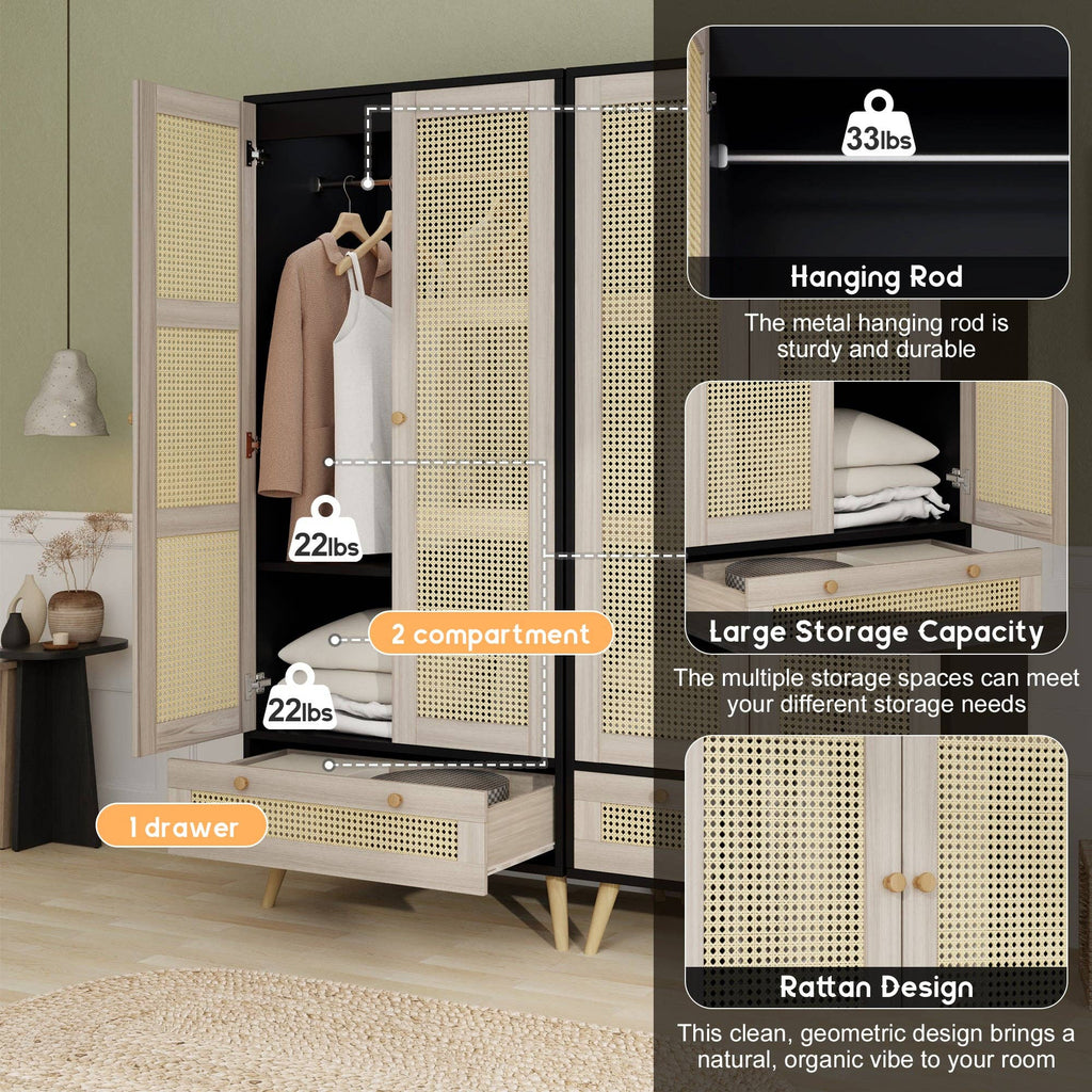 71inH Boho Rattan Armoire Wardrobe with Drawer Natural Black: Default