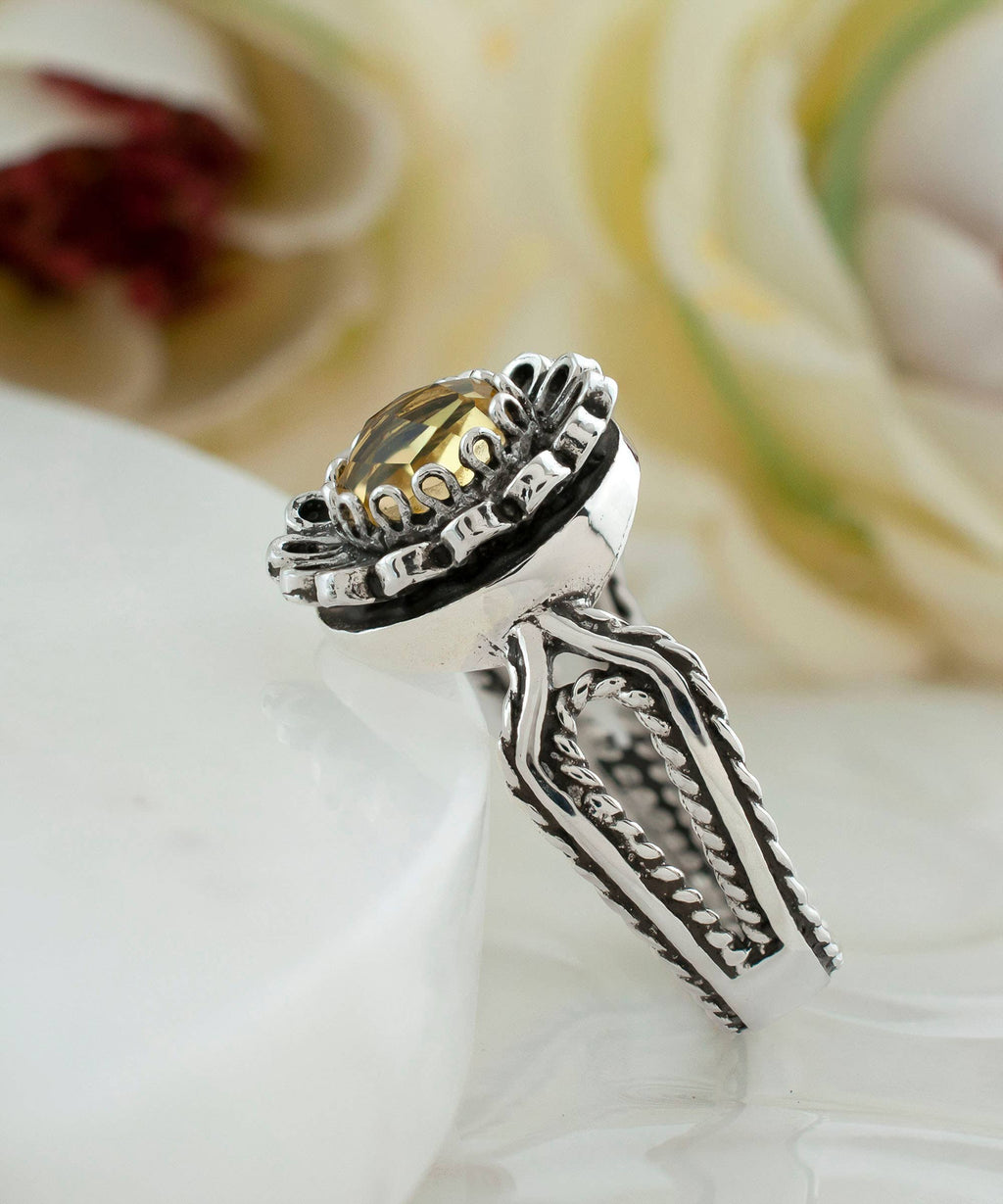 Art Dainty Citrine Gemstone Women Silver Ring: 7