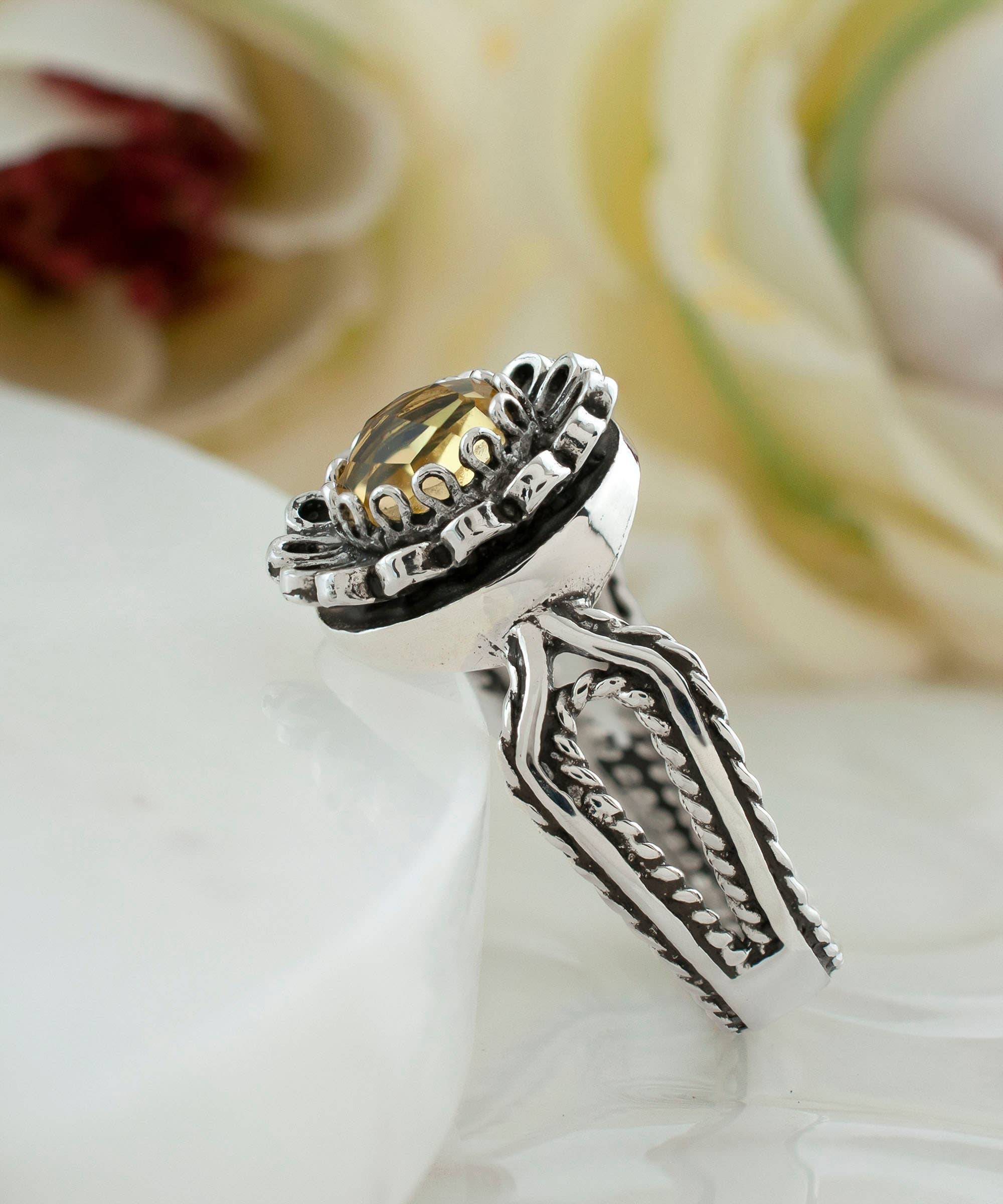 Art Dainty Citrine Gemstone Women Silver Ring: 7