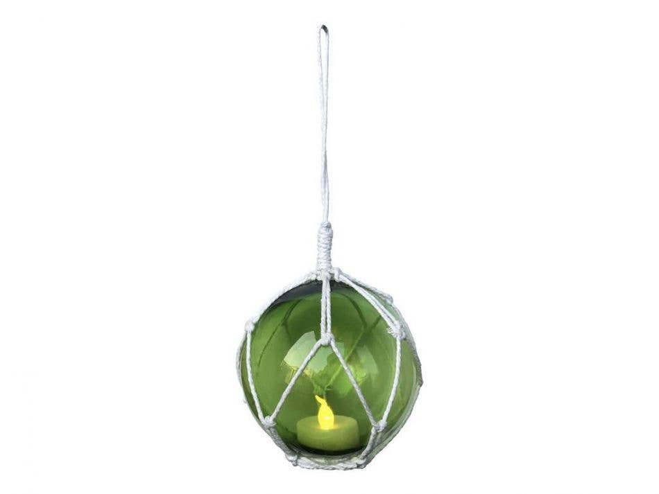 LED Lighted Green Japanese Glass Ball Fishing Float with White Netting Christmas Tree Ornament 4"