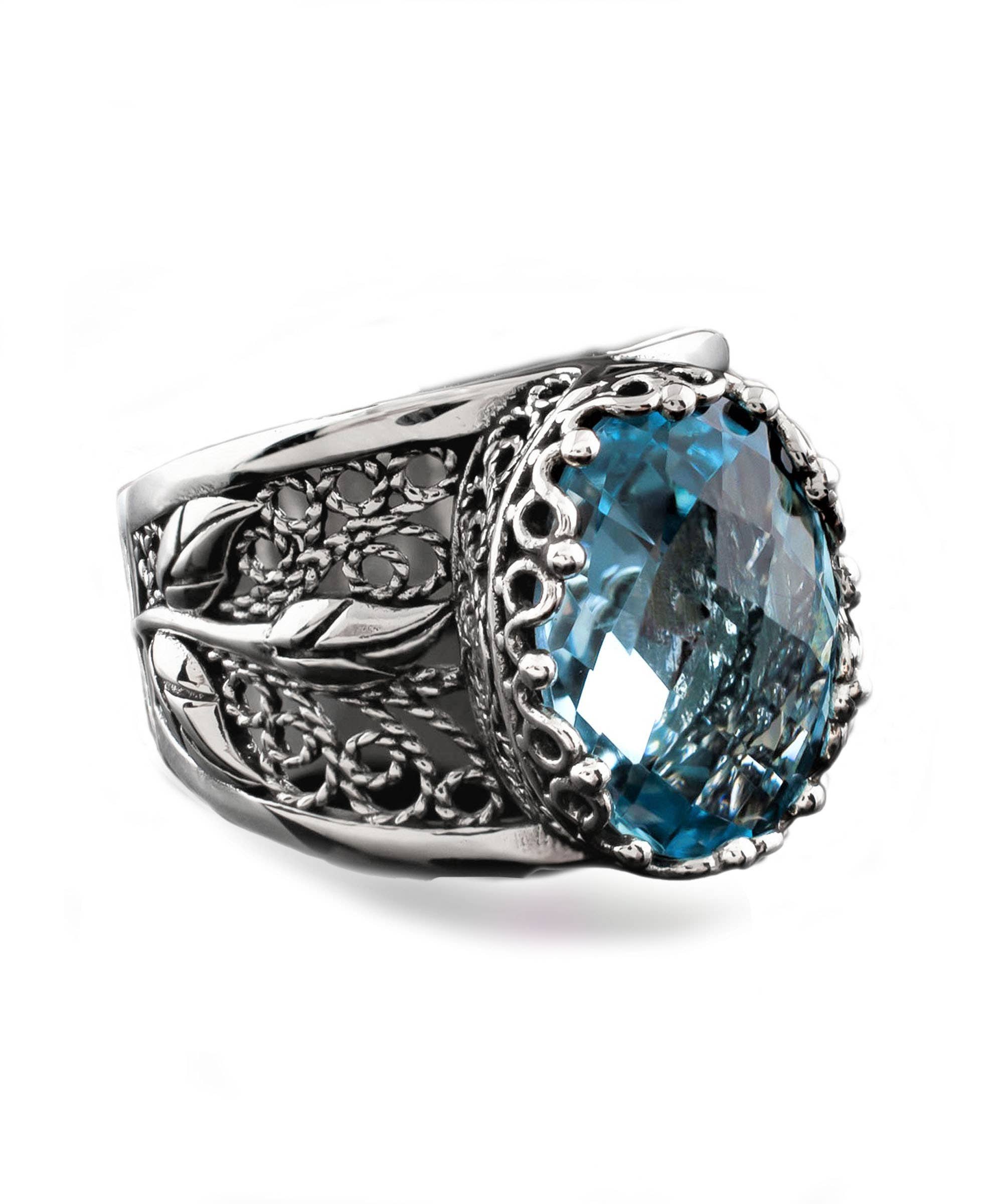 Filigree Art Blue Topaz Gemstone Tulip Detailed Women Sterling Silver Statement Ring: Blue Topaz / 10