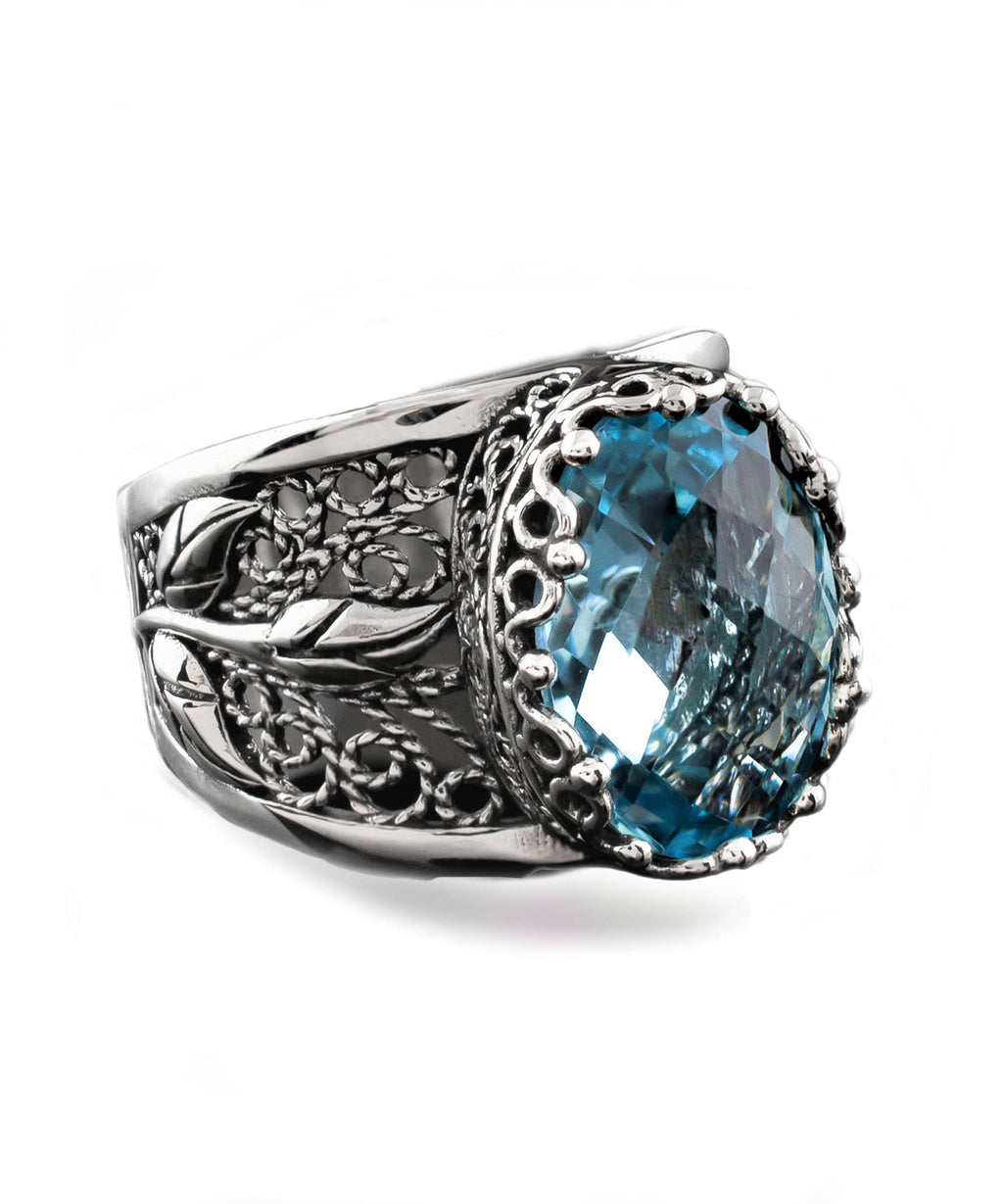 Filigree Art Blue Topaz Gemstone Tulip Detailed Women Sterling Silver Statement Ring: Blue Topaz / 7