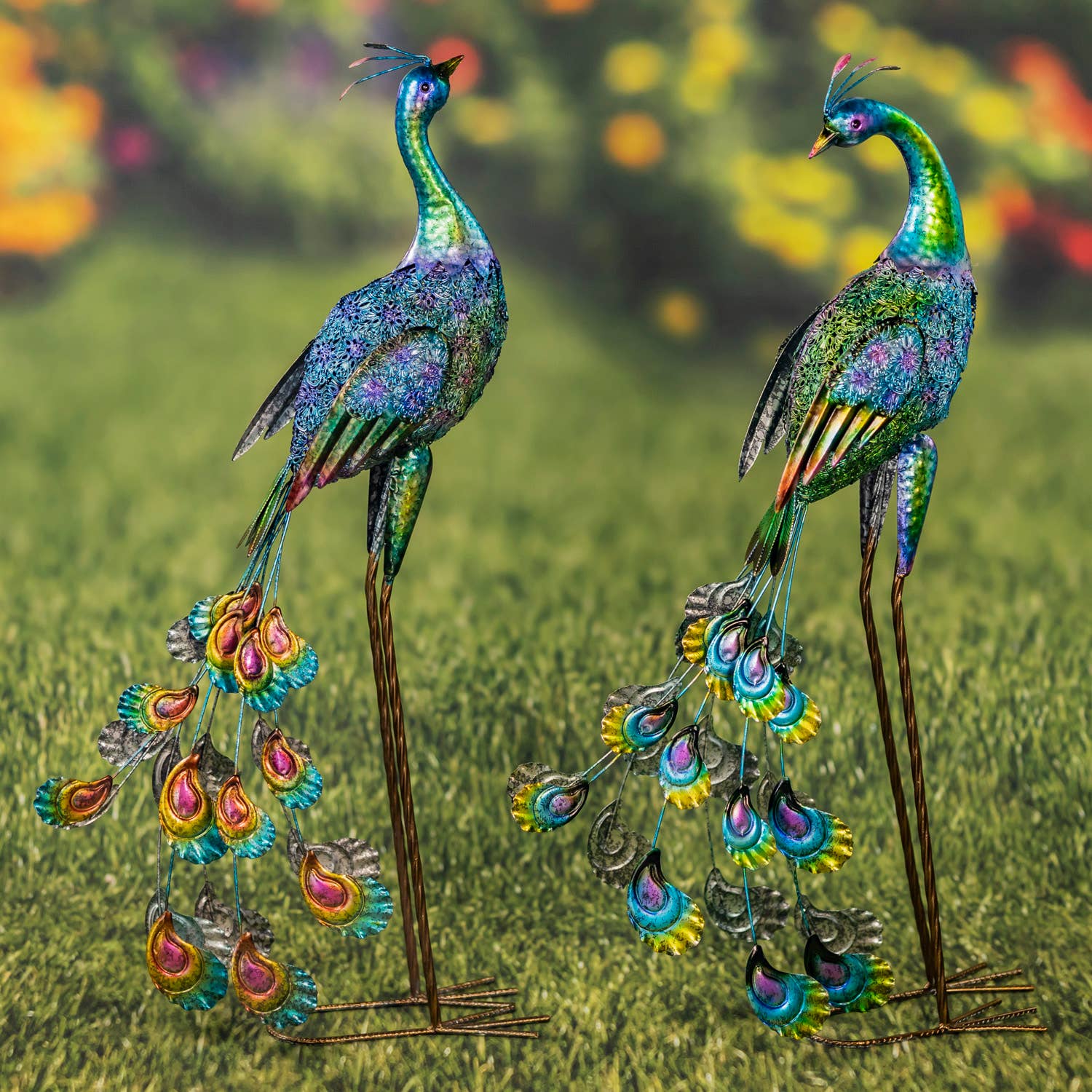 35" Tall Standing Colorful Iron Peacocks in 2 Assorted Style