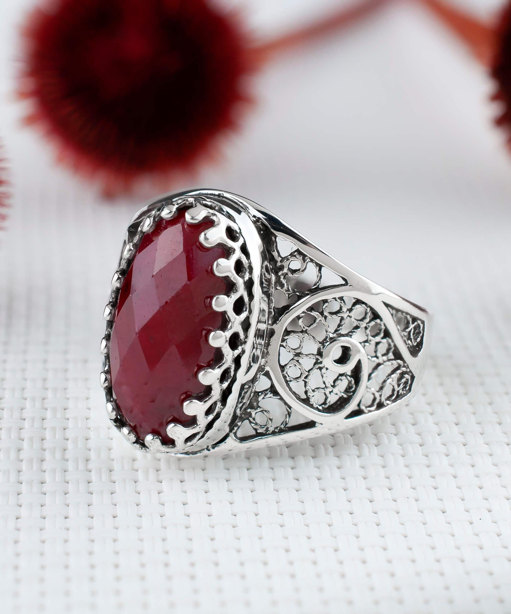Art Ruby Corundum Gemstone Women Silver Ring: Ruby Corundum / 7