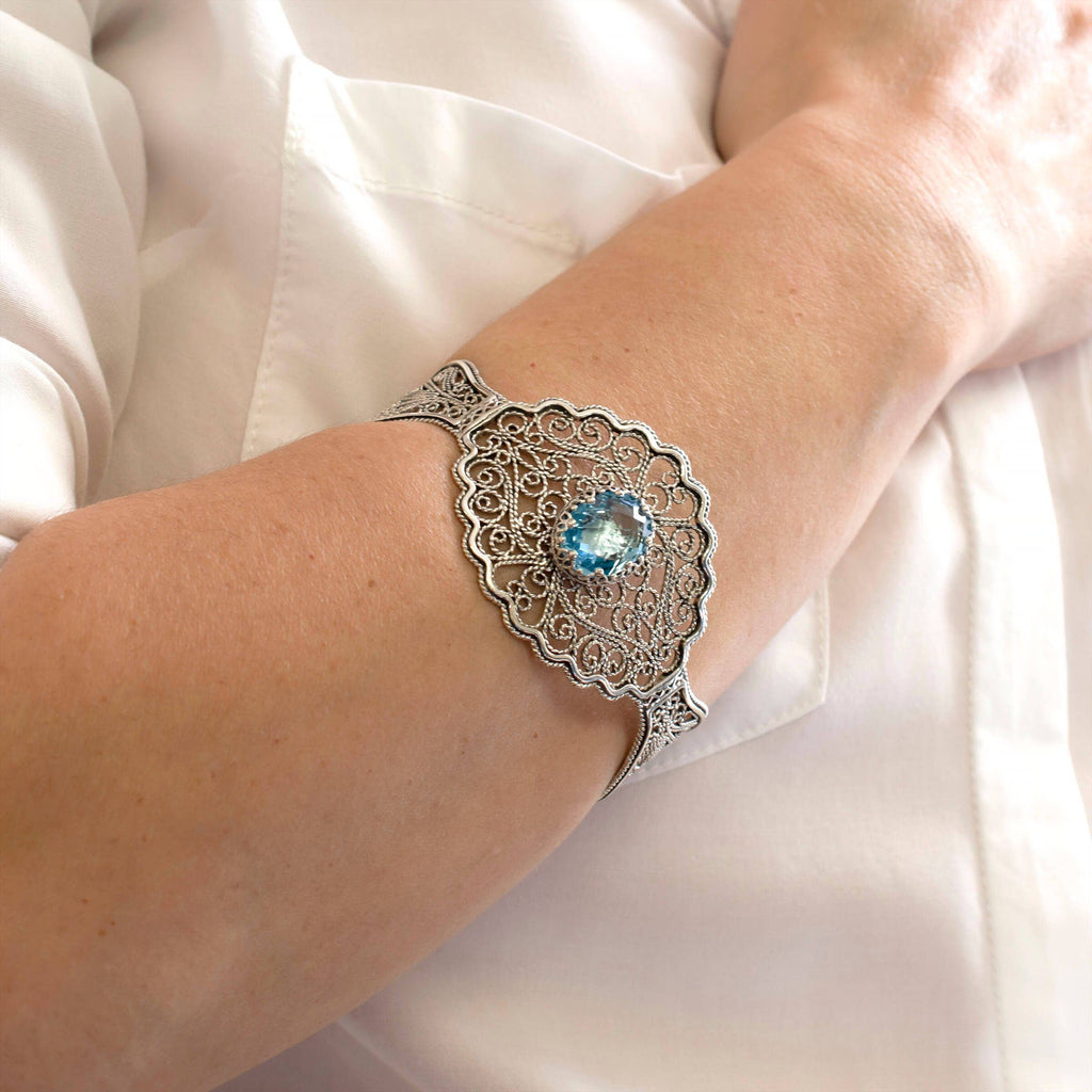 Sterling Silver Filigree Art Blue Topaz Gemstone Lace Detailed Women Cuff Bracelet: Blue Topaz