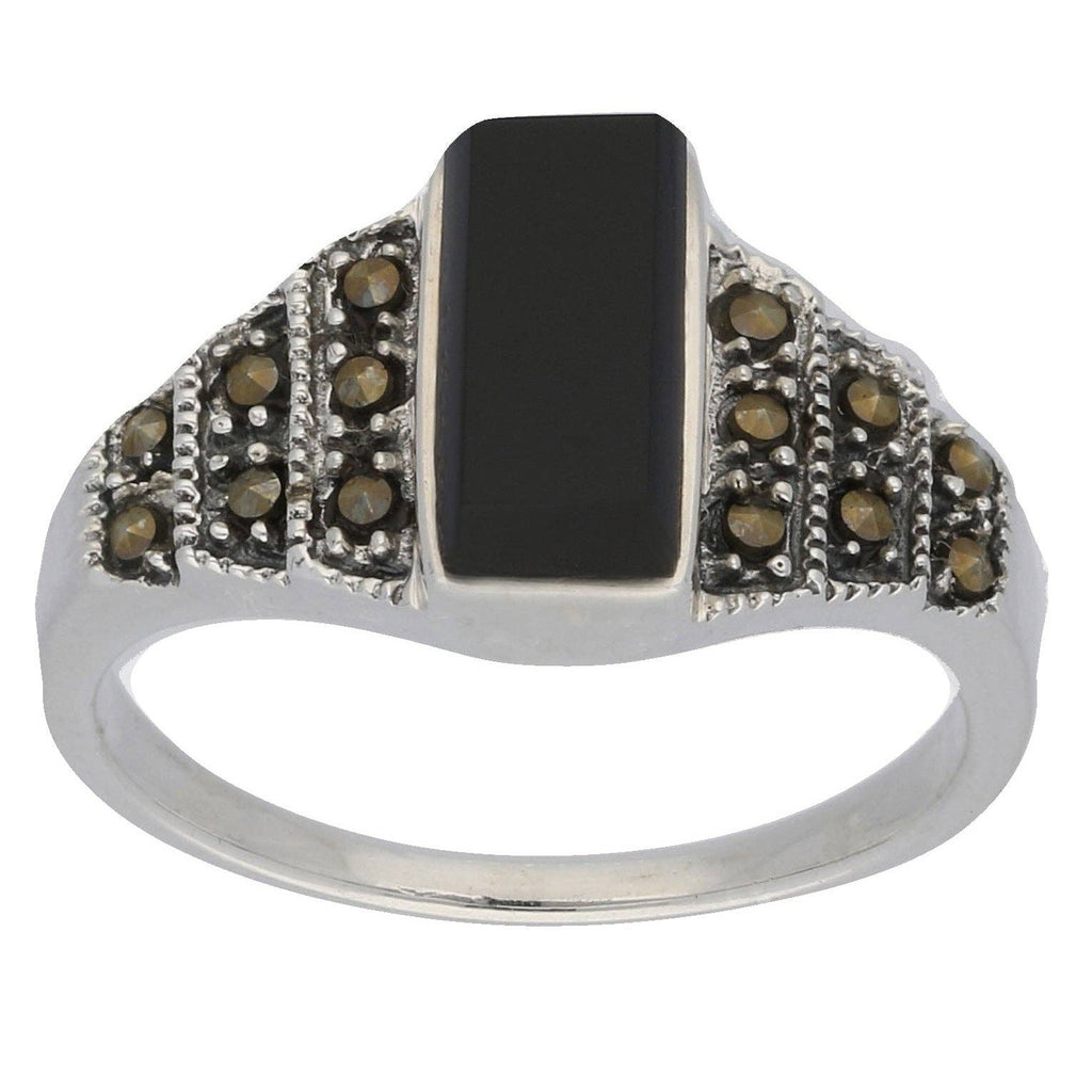 Marcasite and Black Onyx Sterling Silver Bar Ring: 7