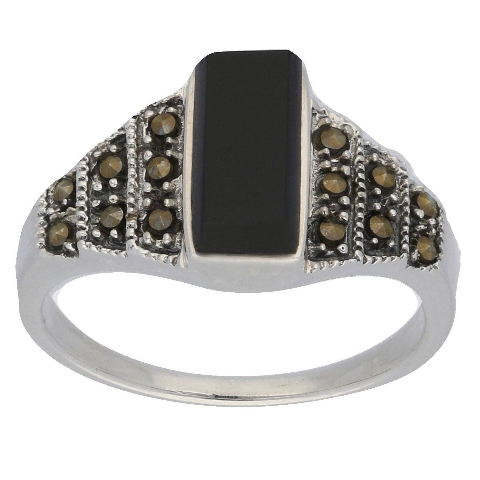 Marcasite and Black Onyx Sterling Silver Bar Ring: 7