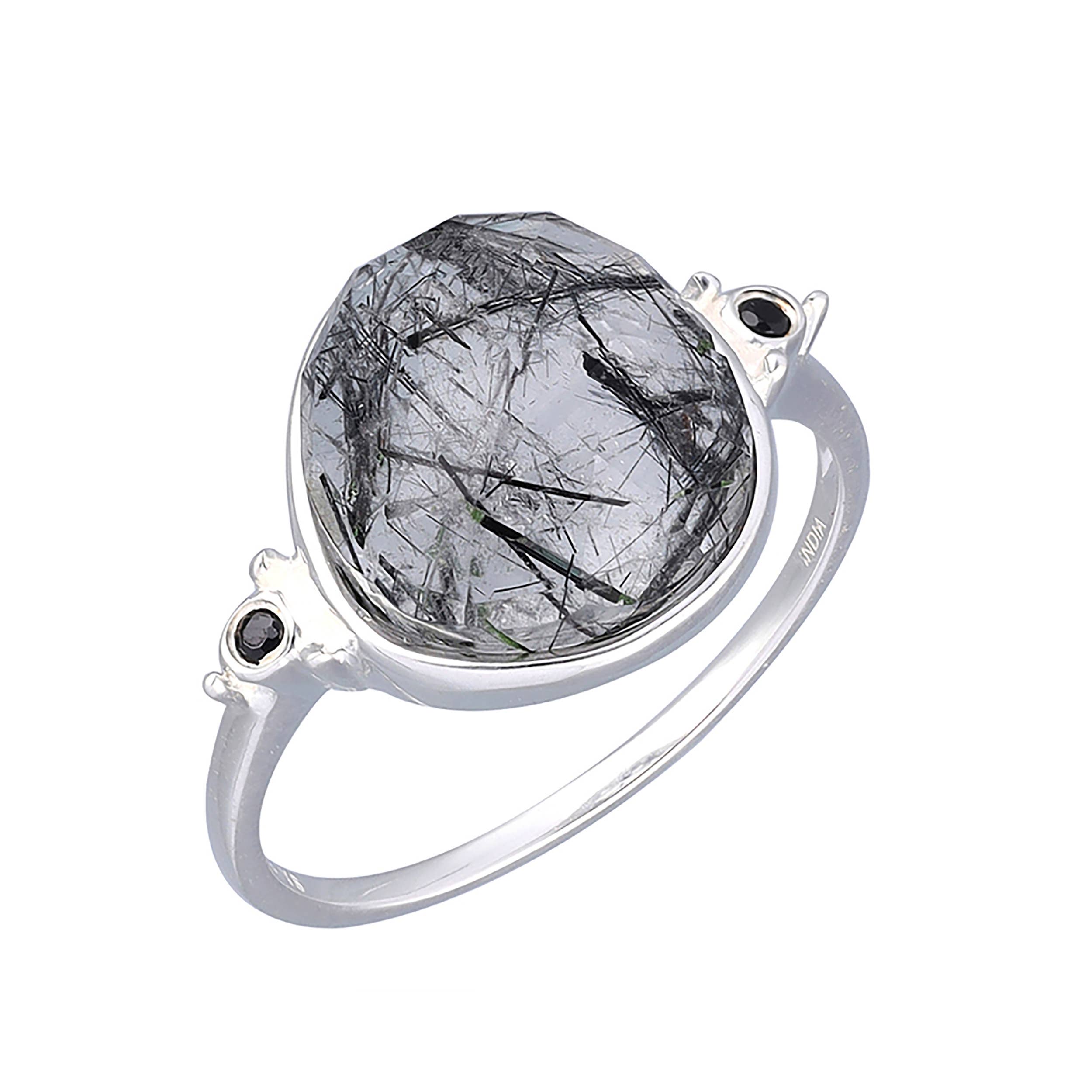 925 Sterling Silver Black Rutiled Quartz Solitaire Ring: 8