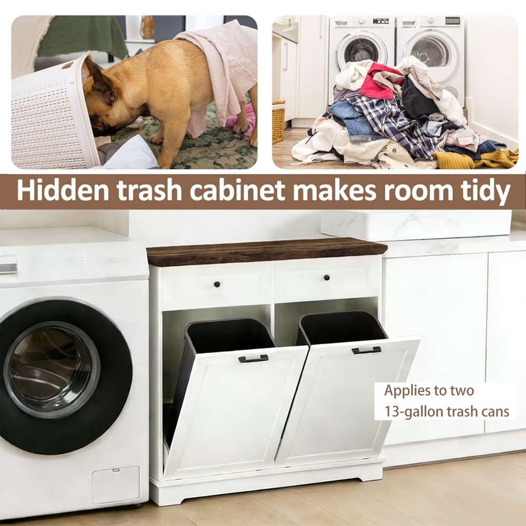 20 Gallon Double Tilt Out Trash Can Cabinet Freestanding Trash Bin Cabinet Wood Garbage Recycling Cabinet with Hideaway Drawer Pet Proof Trash Can Holder for Kitchen Living Room, Antique White: Default