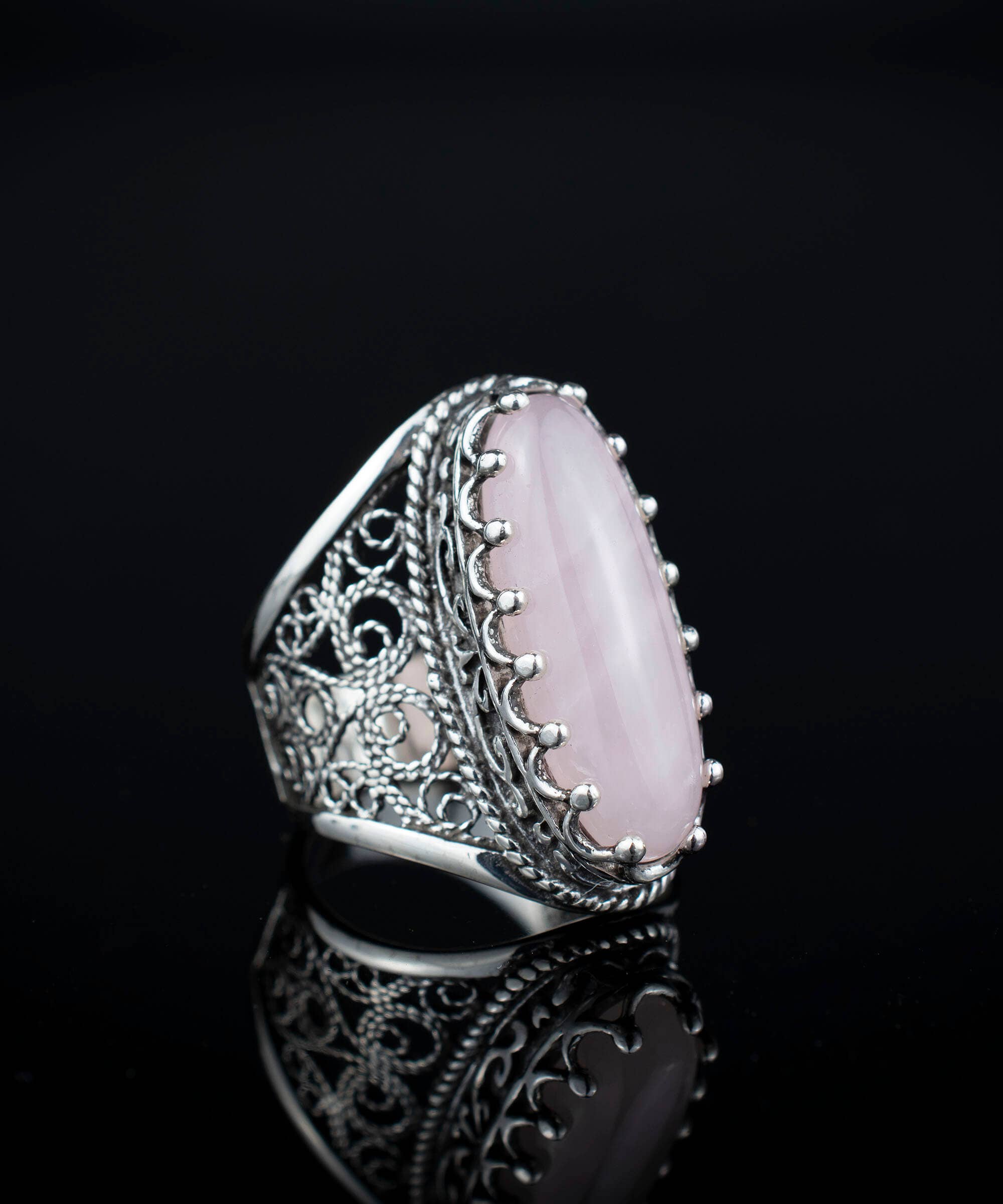 Filigree Art Rose Quartz Gemstone Women Sterling Silver Long Statement Ring: Rose Quartz / 7.5