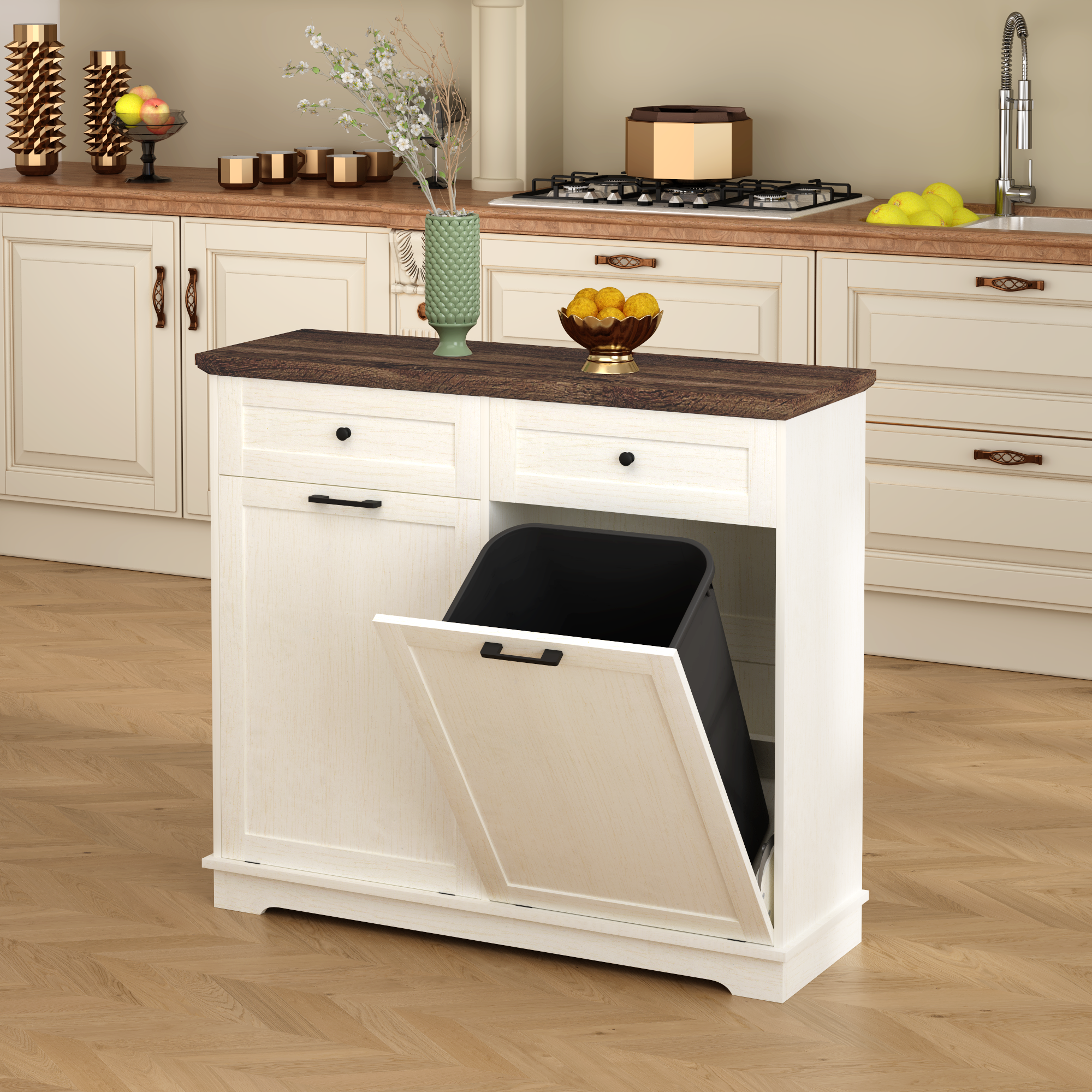 20 Gallon Double Tilt Out Trash Can Cabinet Freestanding Trash Bin Cabinet Wood Garbage Recycling Cabinet with Hideaway Drawer Pet Proof Trash Can Holder for Kitchen Living Room, Antique White: Default