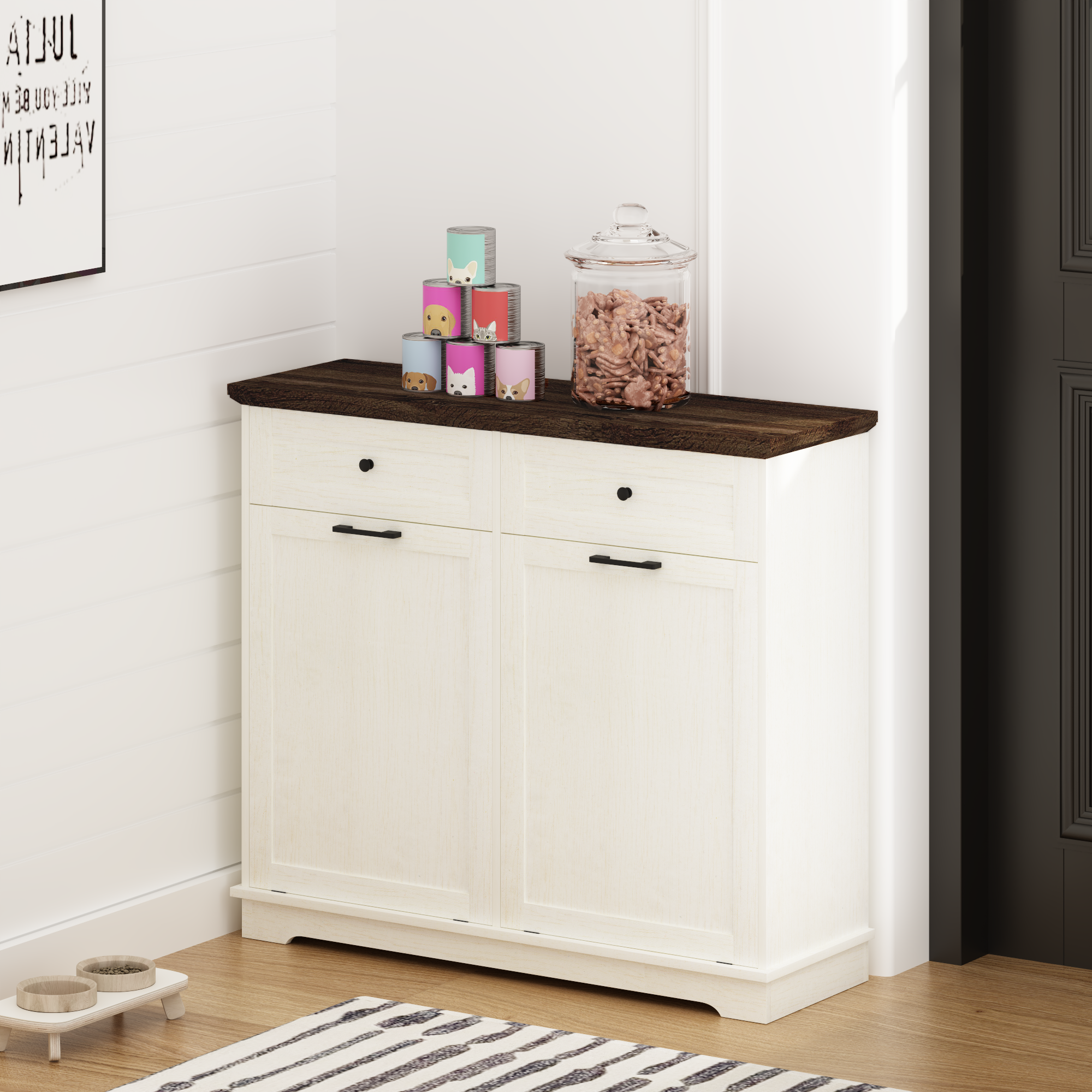 20 Gallon Double Tilt Out Trash Can Cabinet Freestanding Trash Bin Cabinet Wood Garbage Recycling Cabinet with Hideaway Drawer Pet Proof Trash Can Holder for Kitchen Living Room, Antique White: Default