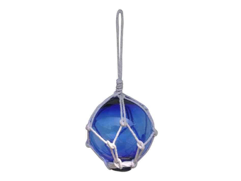 Blue Japanese Glass Ball With White Netting Christmas Ornament 3"