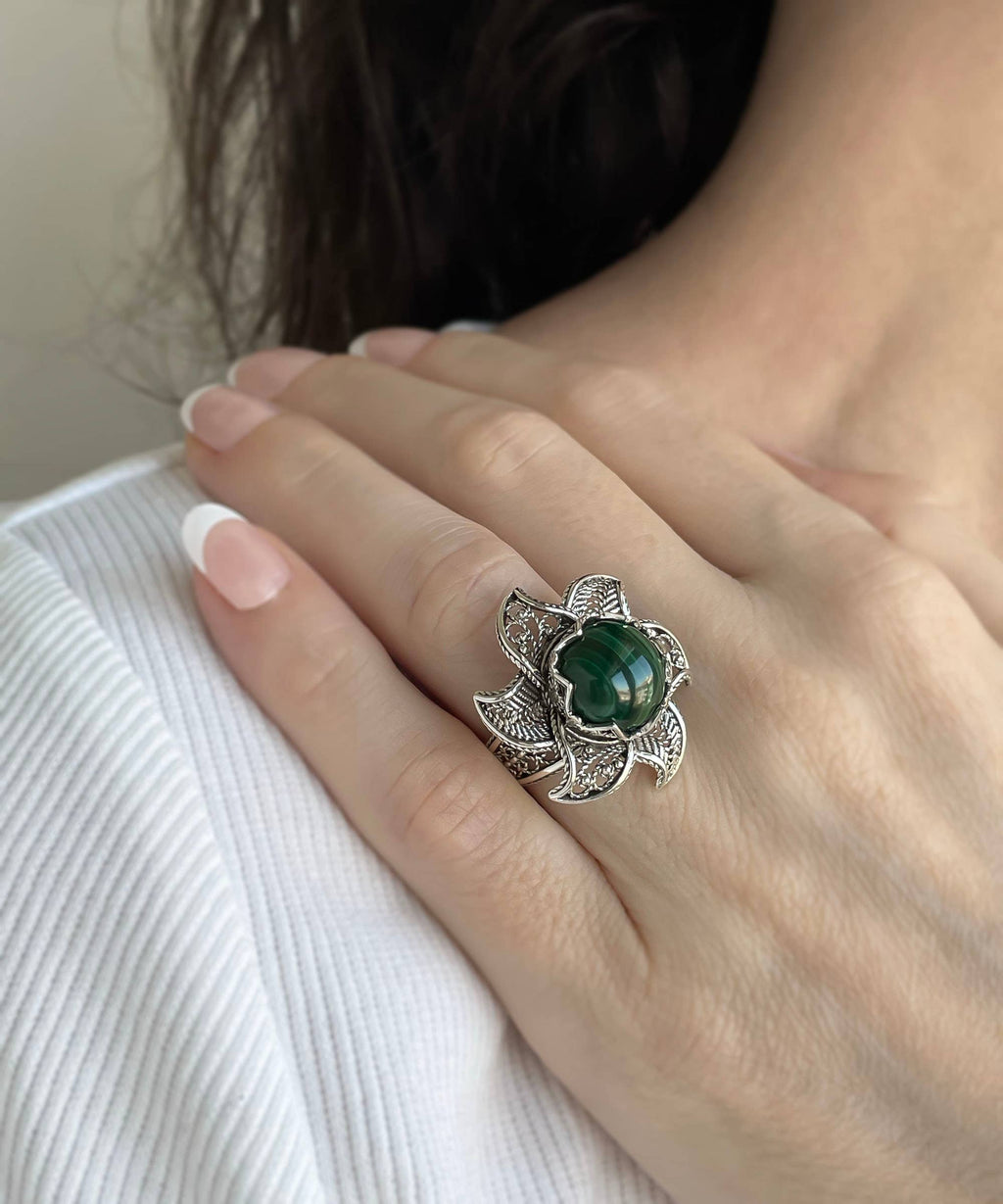 Art Lotus Flower Malachite Gemstone Women Silver Ring: 7