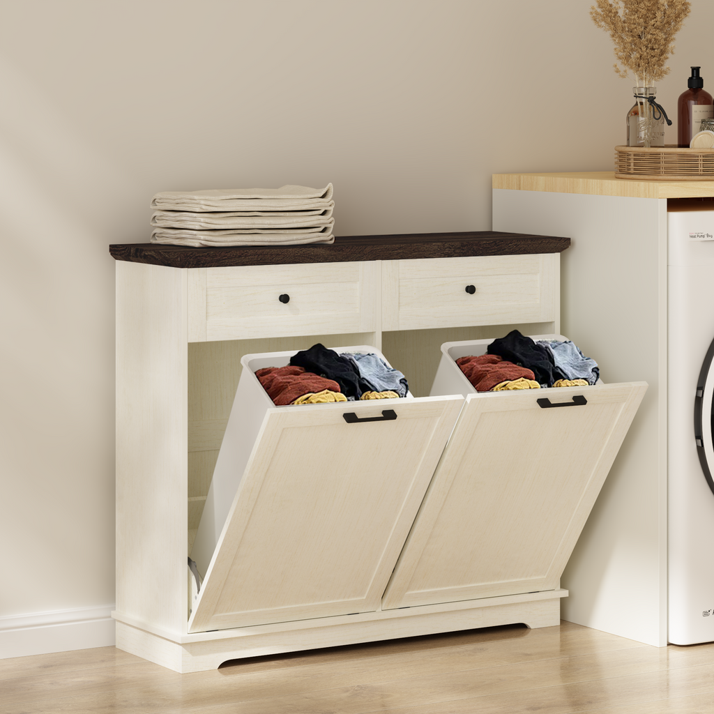 20 Gallon Double Tilt Out Trash Can Cabinet Freestanding Trash Bin Cabinet Wood Garbage Recycling Cabinet with Hideaway Drawer Pet Proof Trash Can Holder for Kitchen Living Room, Antique White: Default