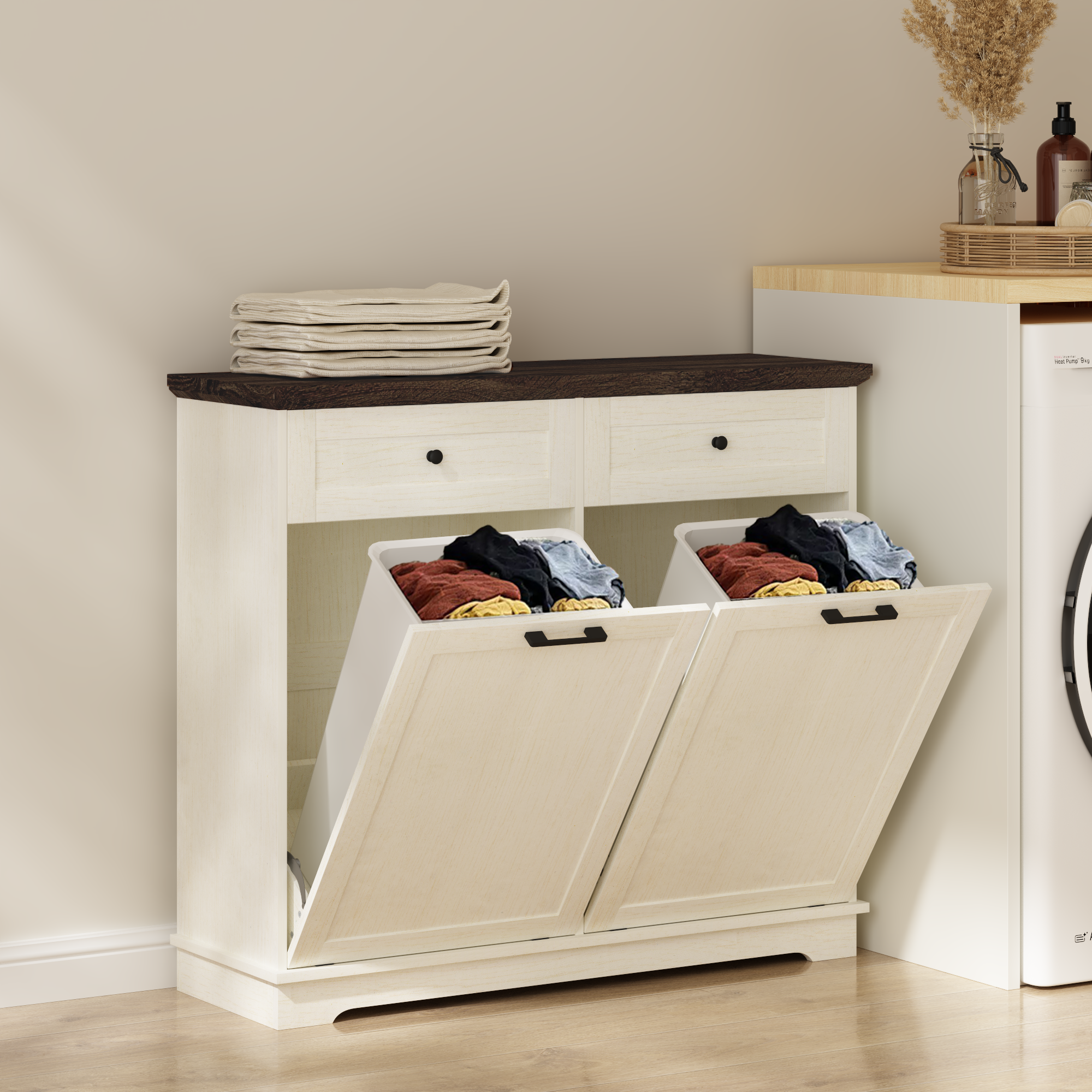 20 Gallon Double Tilt Out Trash Can Cabinet Freestanding Trash Bin Cabinet Wood Garbage Recycling Cabinet with Hideaway Drawer Pet Proof Trash Can Holder for Kitchen Living Room, Antique White: Default