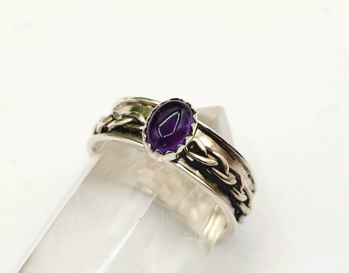 Amethyst SPINNER RING-Sterling Silver/925- Gemstone w/Braid: 7