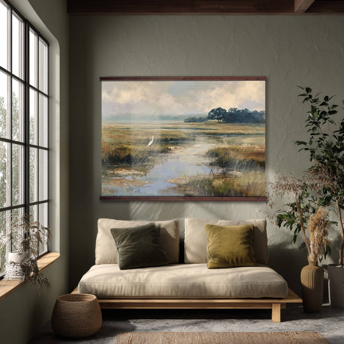 Marsh Egret Wall Art Canvas– Coastal Landscape: 32''Hx48''W