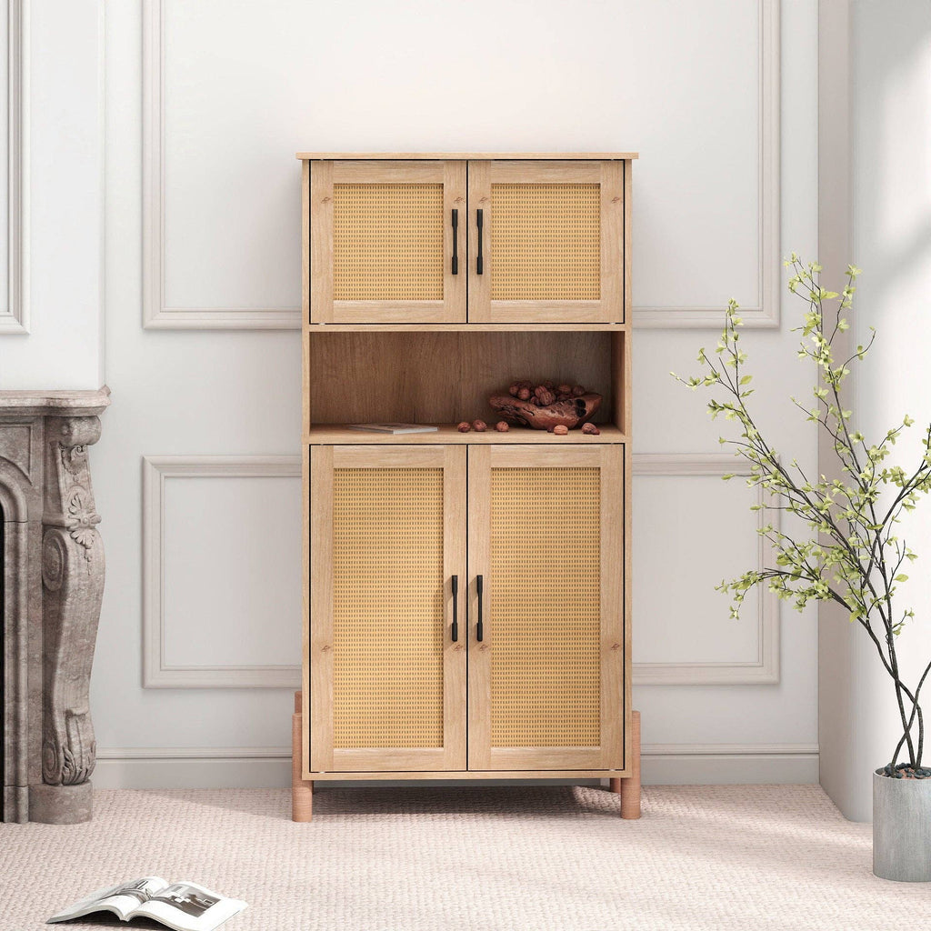 Mid-Century Modern 4-Door Storage Cabinet with Rattan Doors
