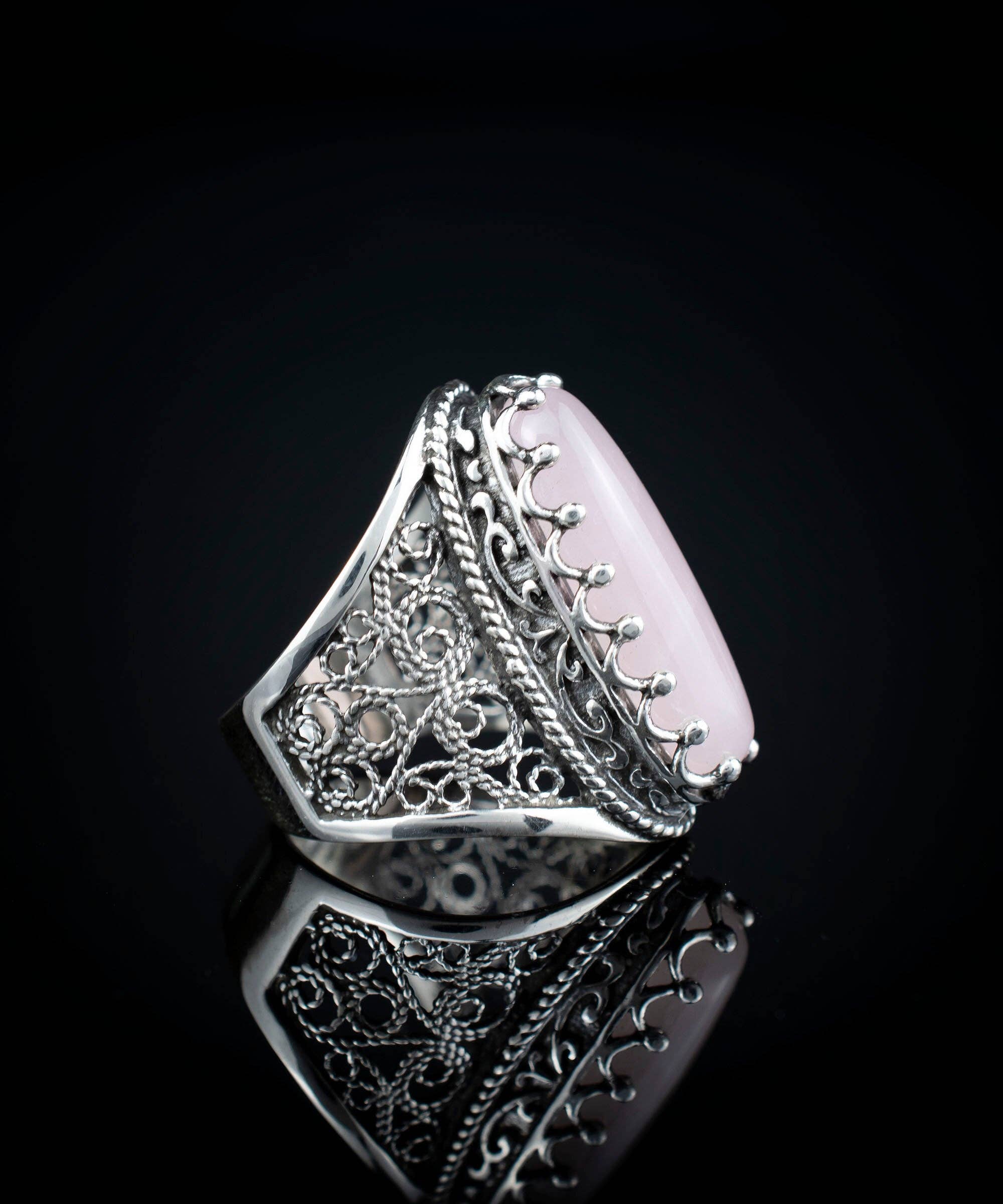 Filigree Art Rose Quartz Gemstone Women Sterling Silver Long Statement Ring: Rose Quartz / 7.5