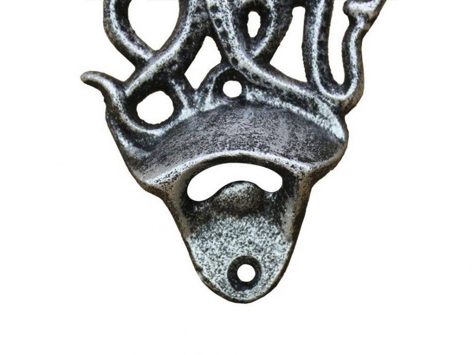 Antique Silver Cast Iron Wall Mounted Octopus Bottle Opener 6"