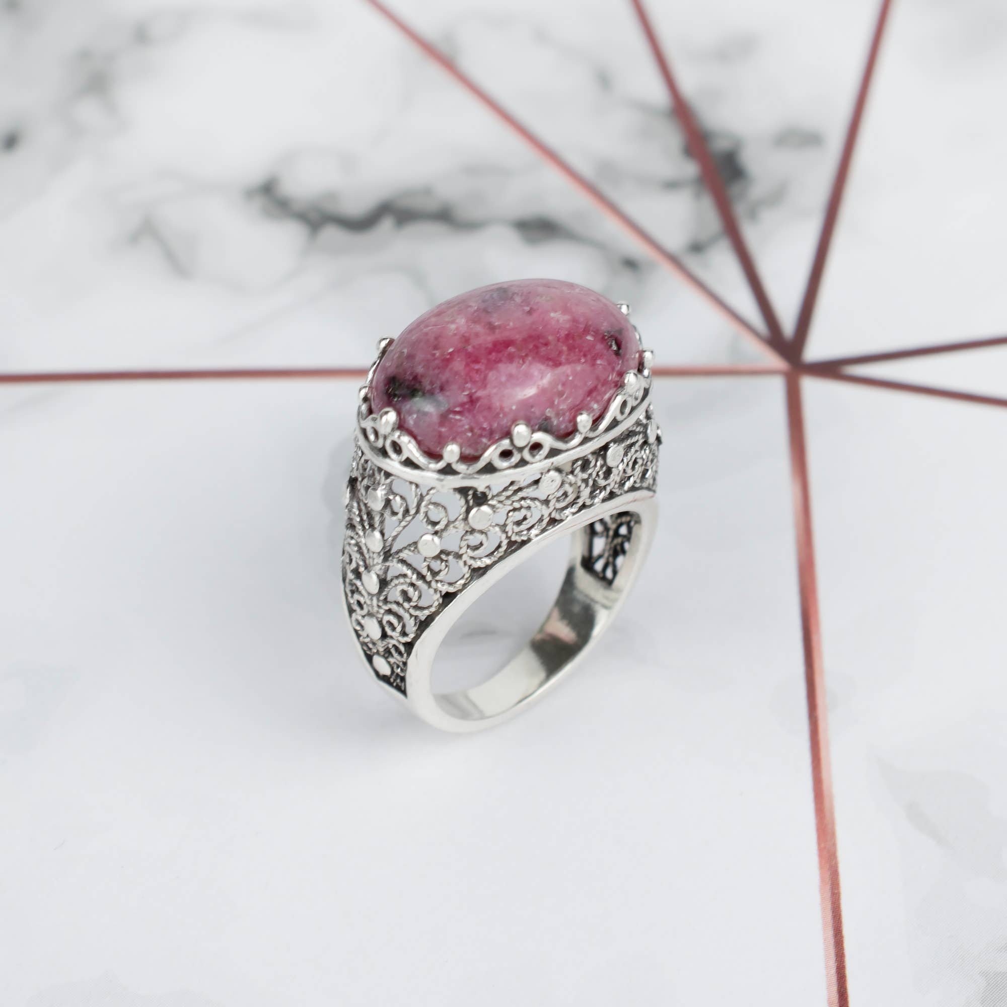 Art Rhodonite Gemstone Woman Sterling Silver Dome Ring: Rhodonite / 7