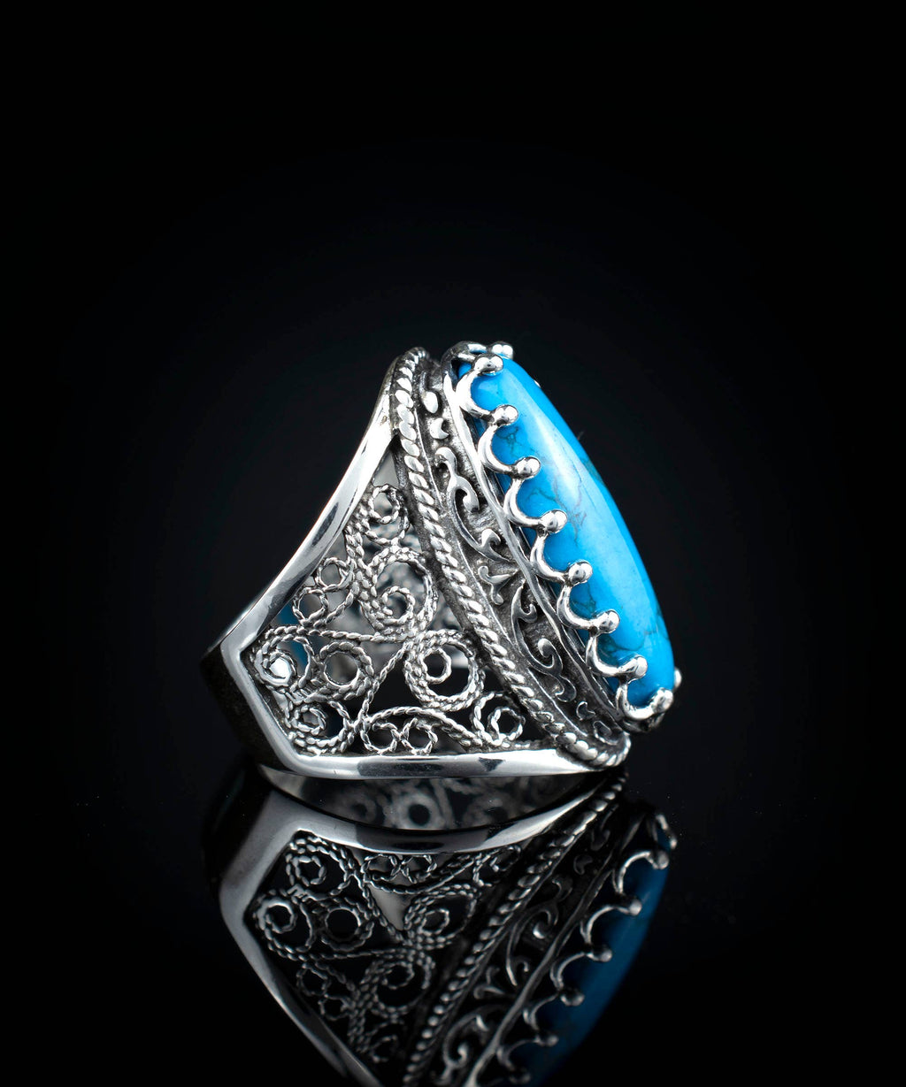 Filigree Art Turquoise Gemstone Women Sterling Silver Long Statement Ring: Turquoise / 7