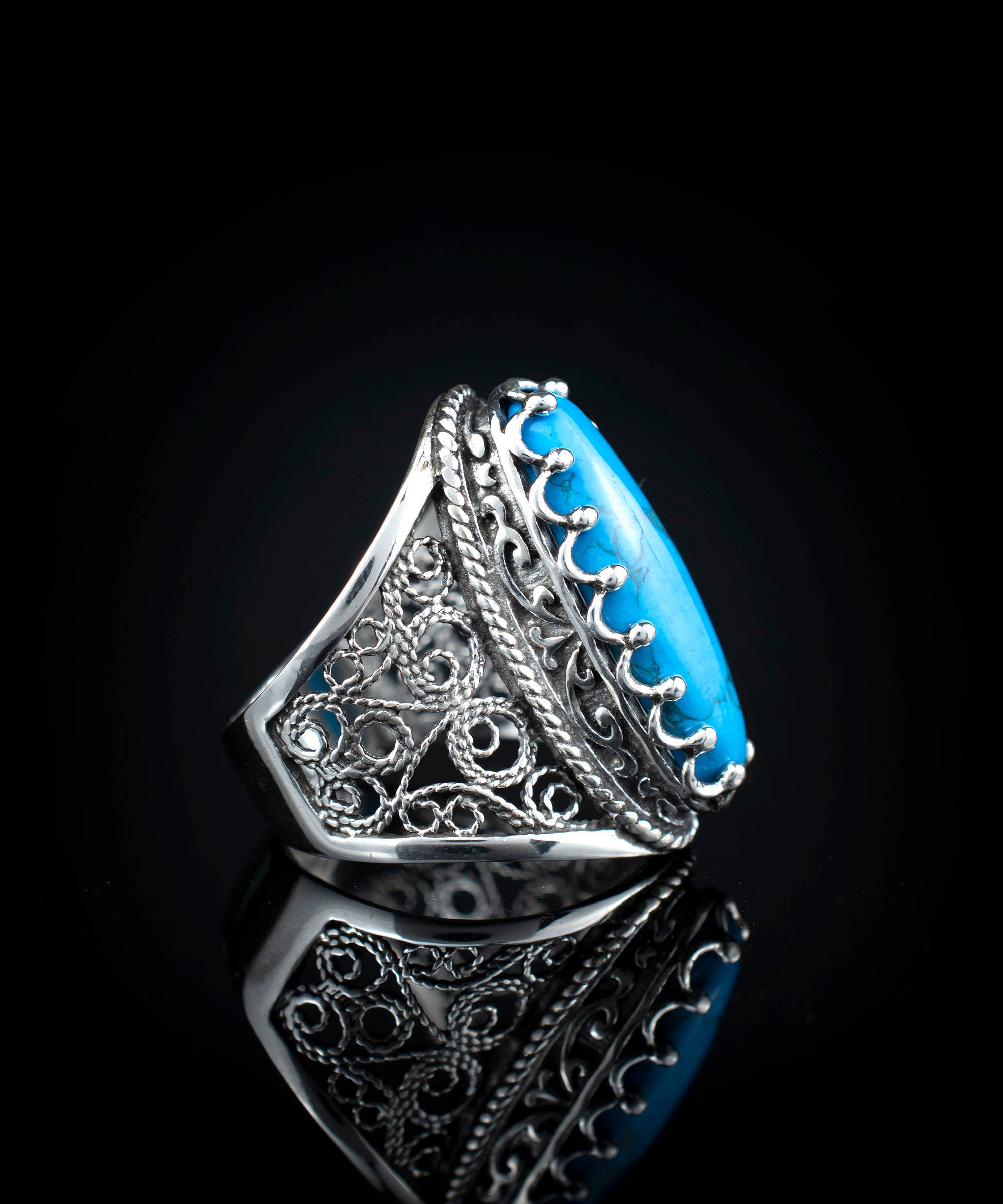 Filigree Art Turquoise Gemstone Women Sterling Silver Long Statement Ring: Turquoise / 7