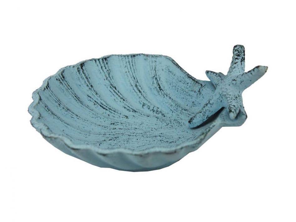 Dark Blue Whitewashed Cast Iron Shell With Starfish Decorative Bowl 6"