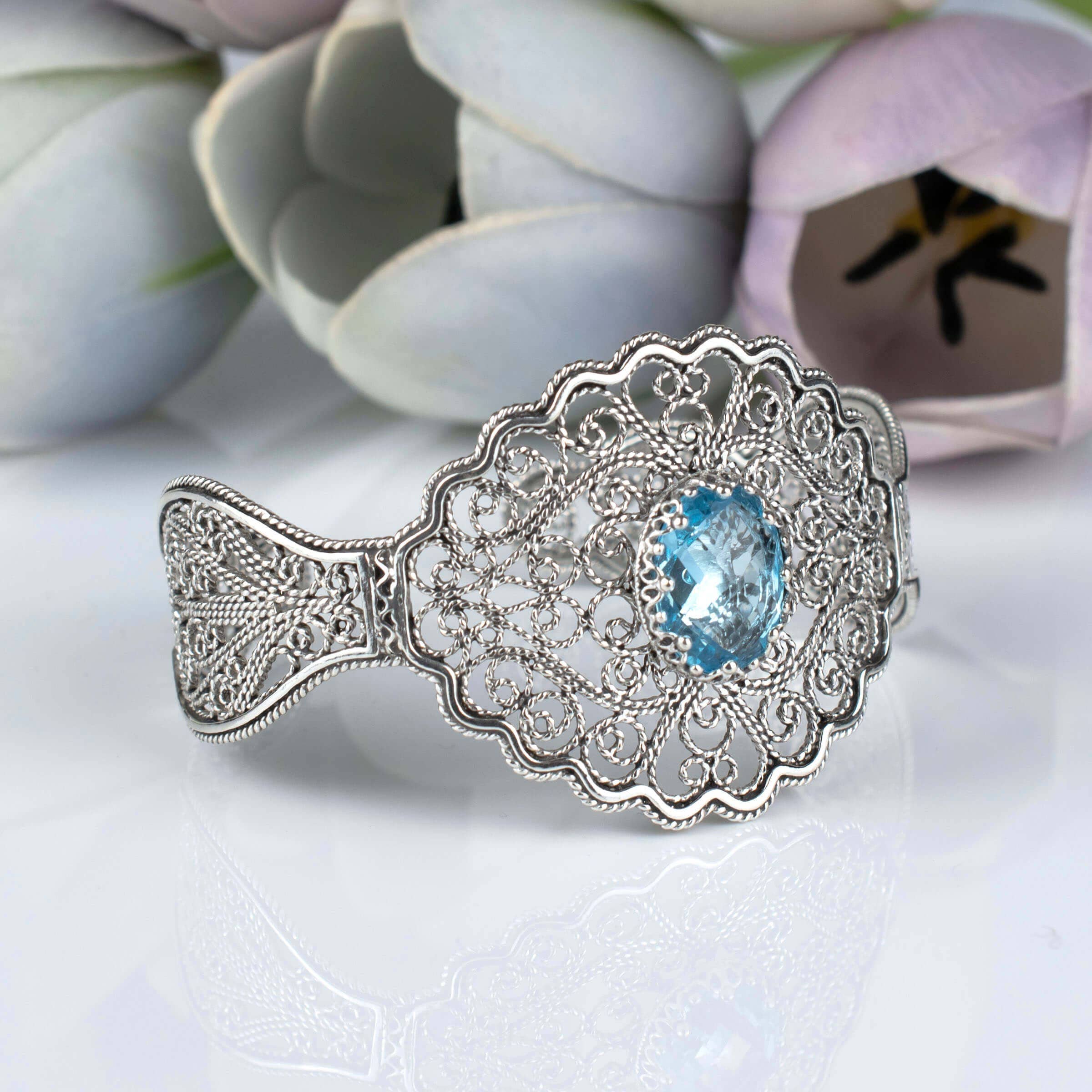 Sterling Silver Filigree Art Blue Topaz Gemstone Lace Detailed Women Cuff Bracelet: Blue Topaz