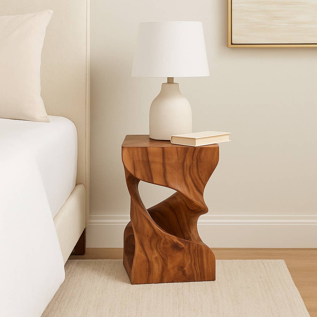 Side Table - Brown Wood Rectangular Unique Twisted, 18 in.