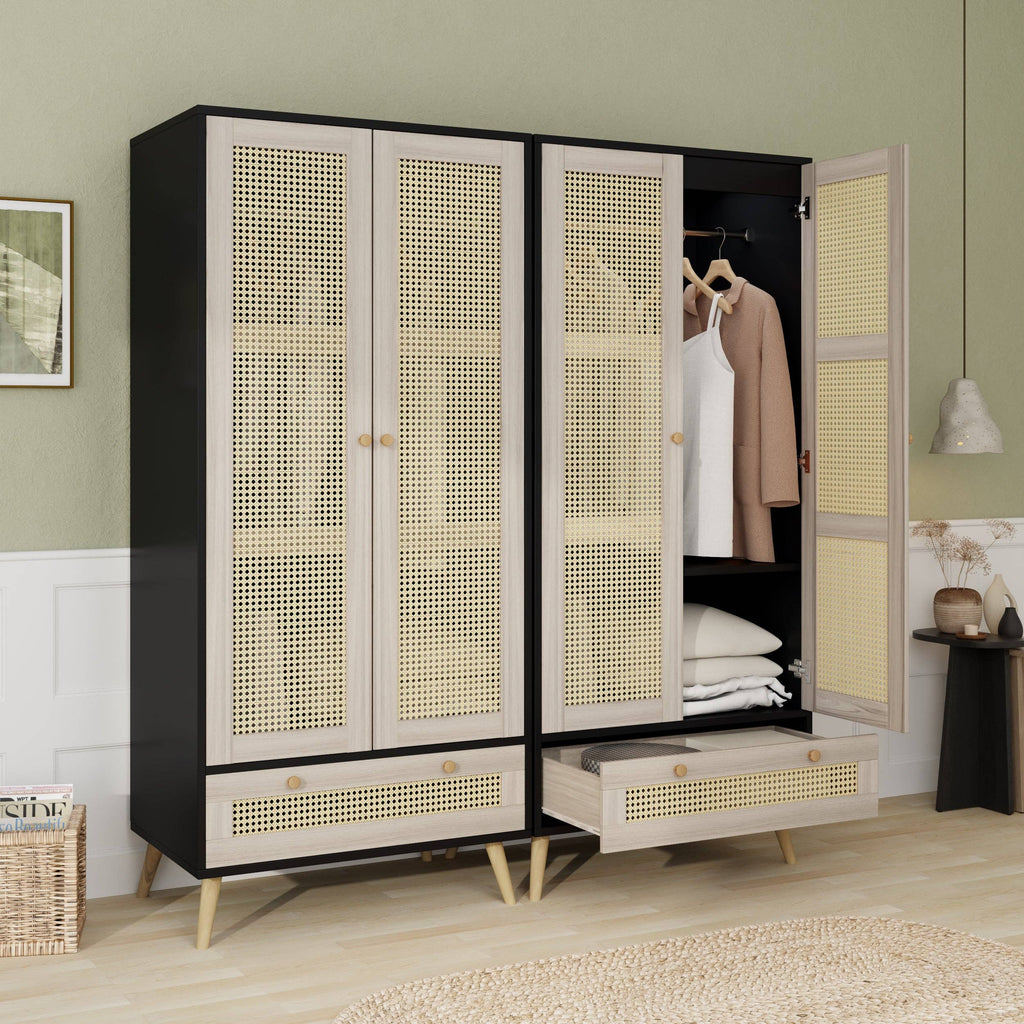 71inH Boho Rattan Armoire Wardrobe with Drawer Natural Black: Default