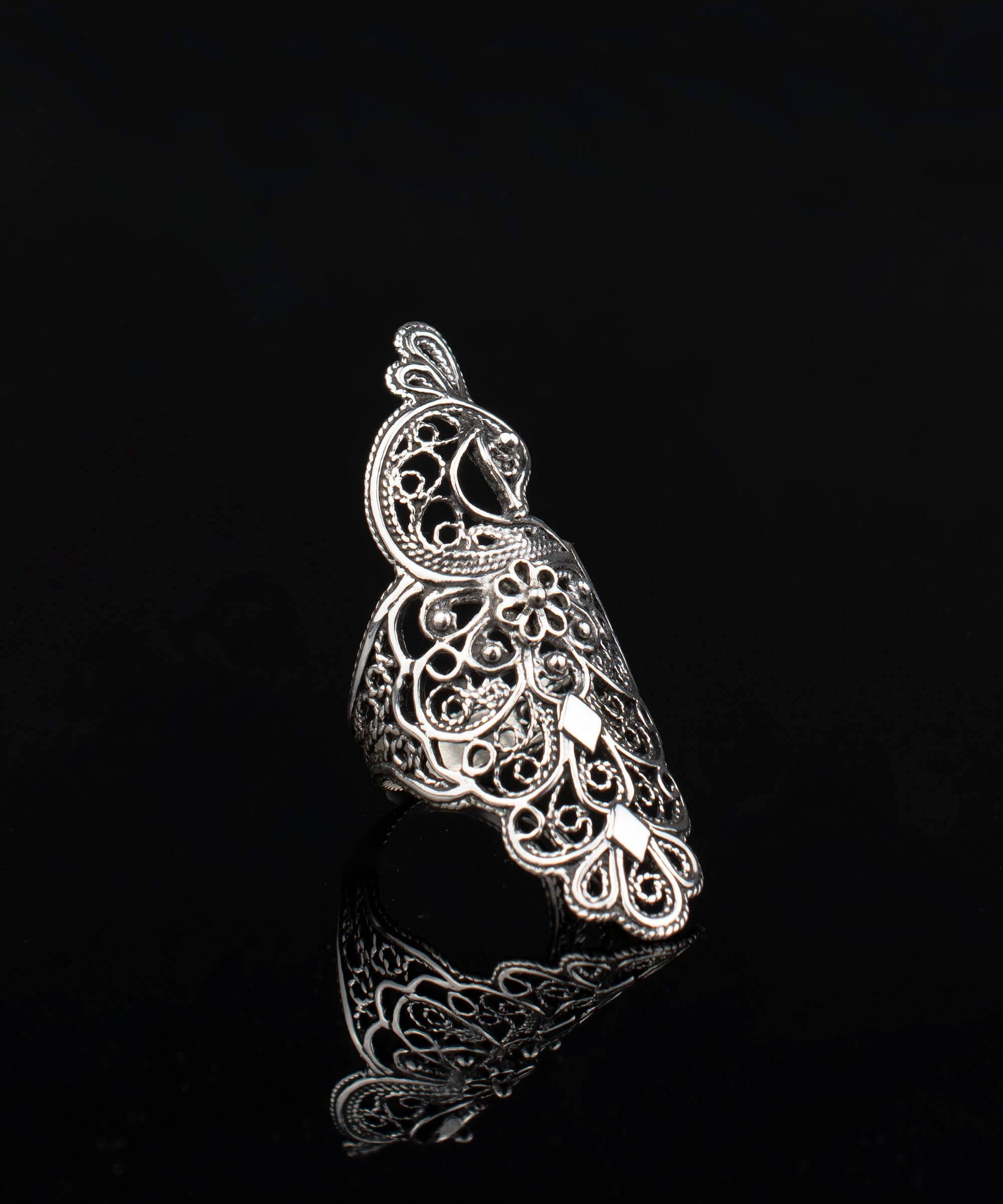 Art Peacock Figured Silver Women Statement Ring: No Gemstone / 7