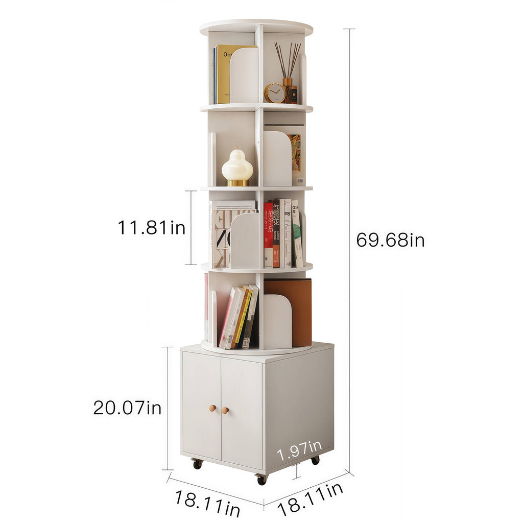 Rotating Wooden Bookcase with Storage Drawer,Swivel Design: White / 5-Tier