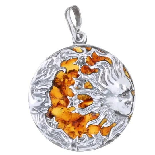 Moon And Sun Cognac Amber Silver Pendant