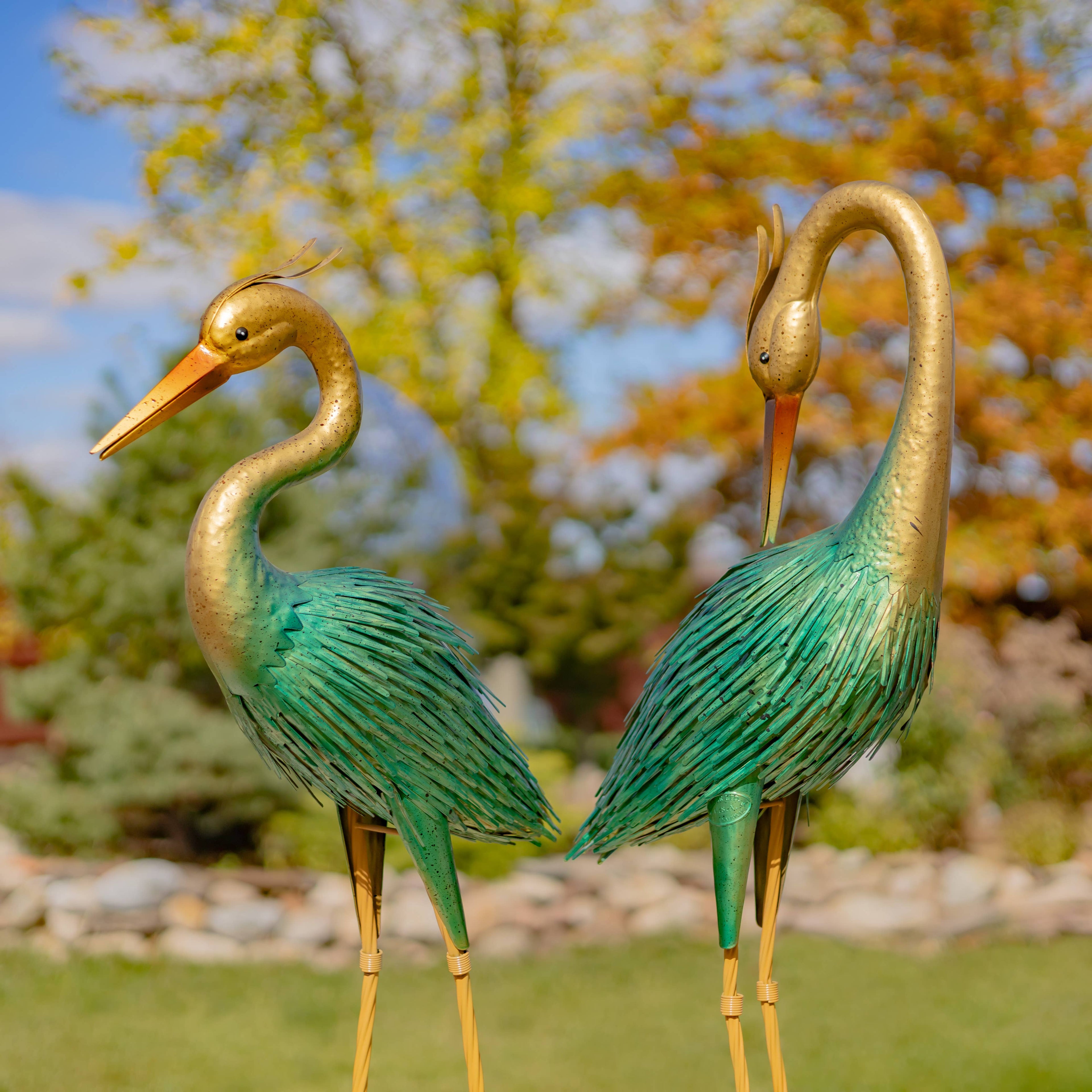 41" Tall Metallic Heron Garden Figurines with Gold Heads