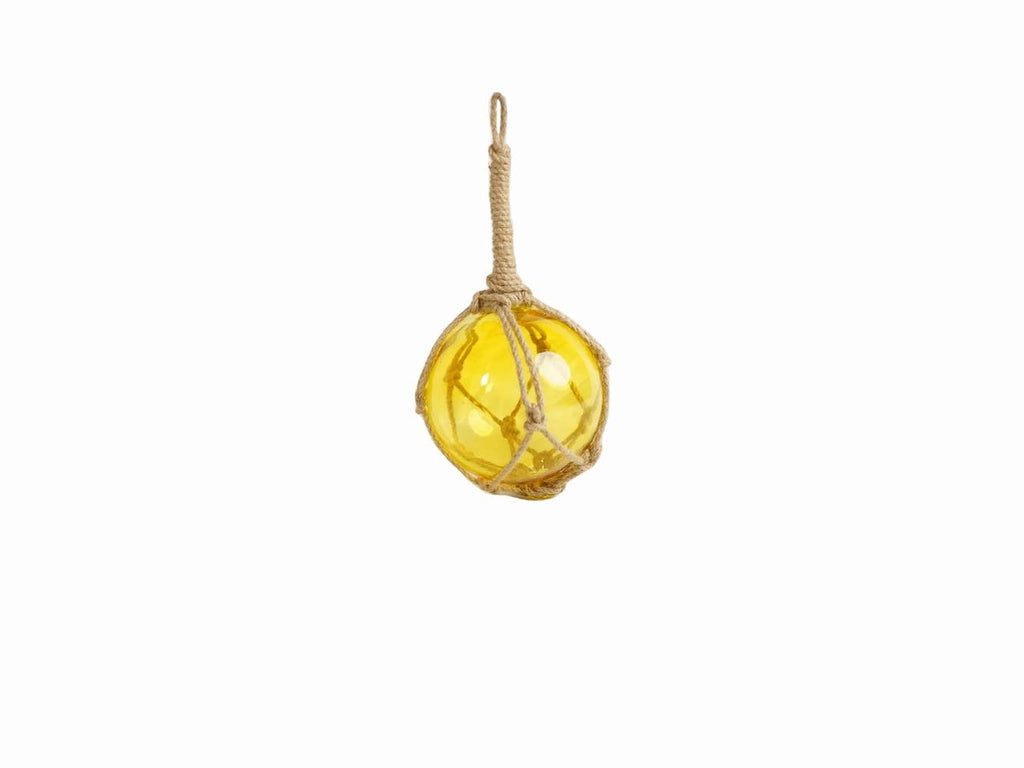 Yellow Japanese Glass Ball Fishing Float With Brown Netting Decoration 4"