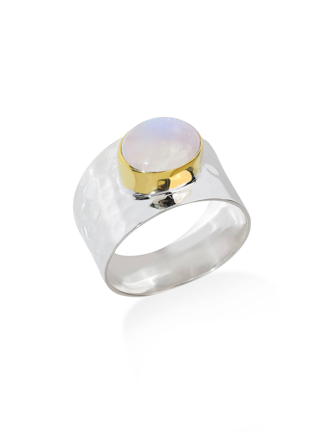 Silver Plated Rainbow Moonstone Statement Textured Ring: 7