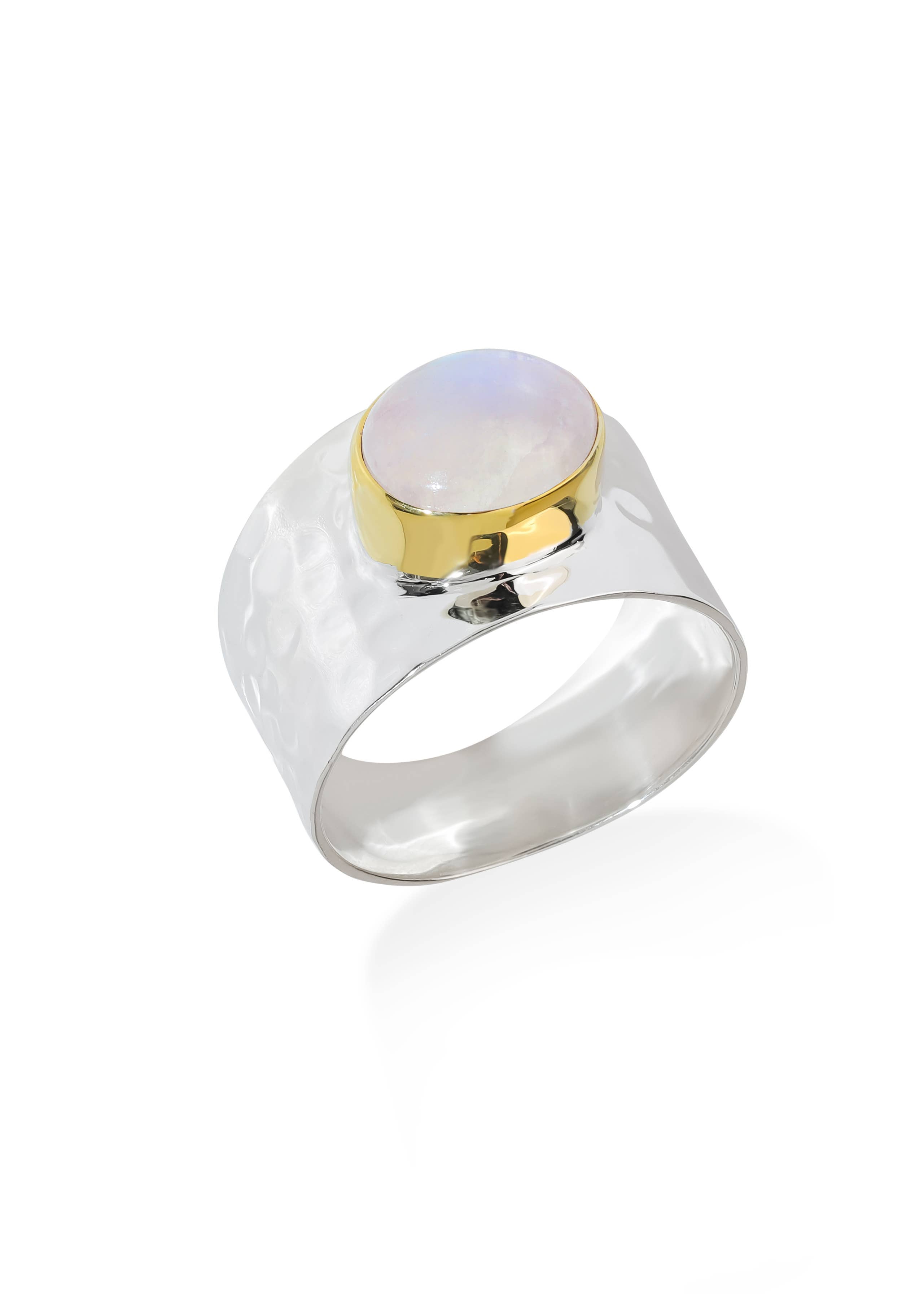 Silver Plated Rainbow Moonstone Statement Textured Ring: 7