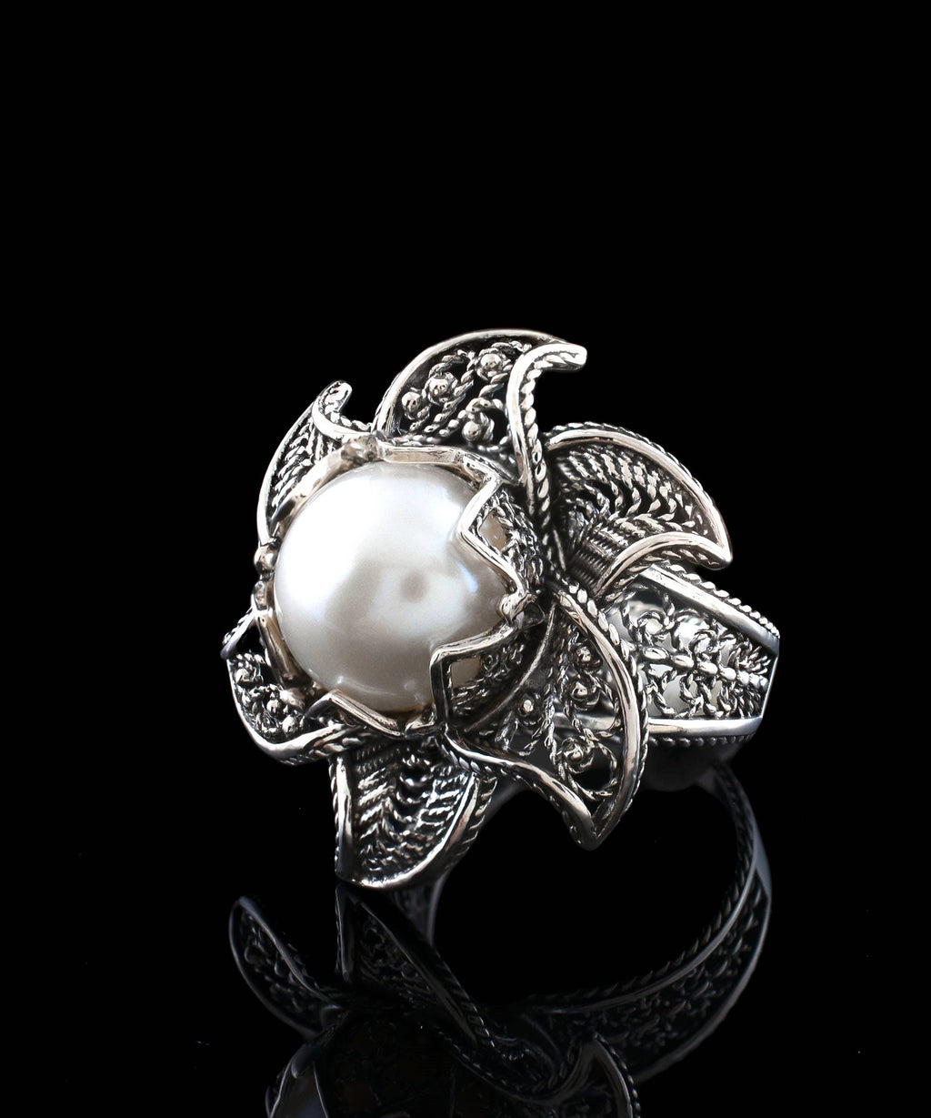 Art Lotus Flower Fresh Water Pearl Women Silver Ring: 8