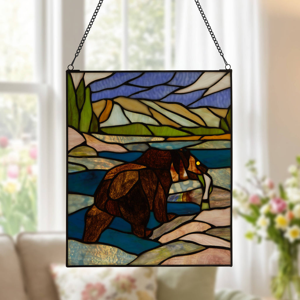 14"H Brown Bear Stained Glass Window Panel