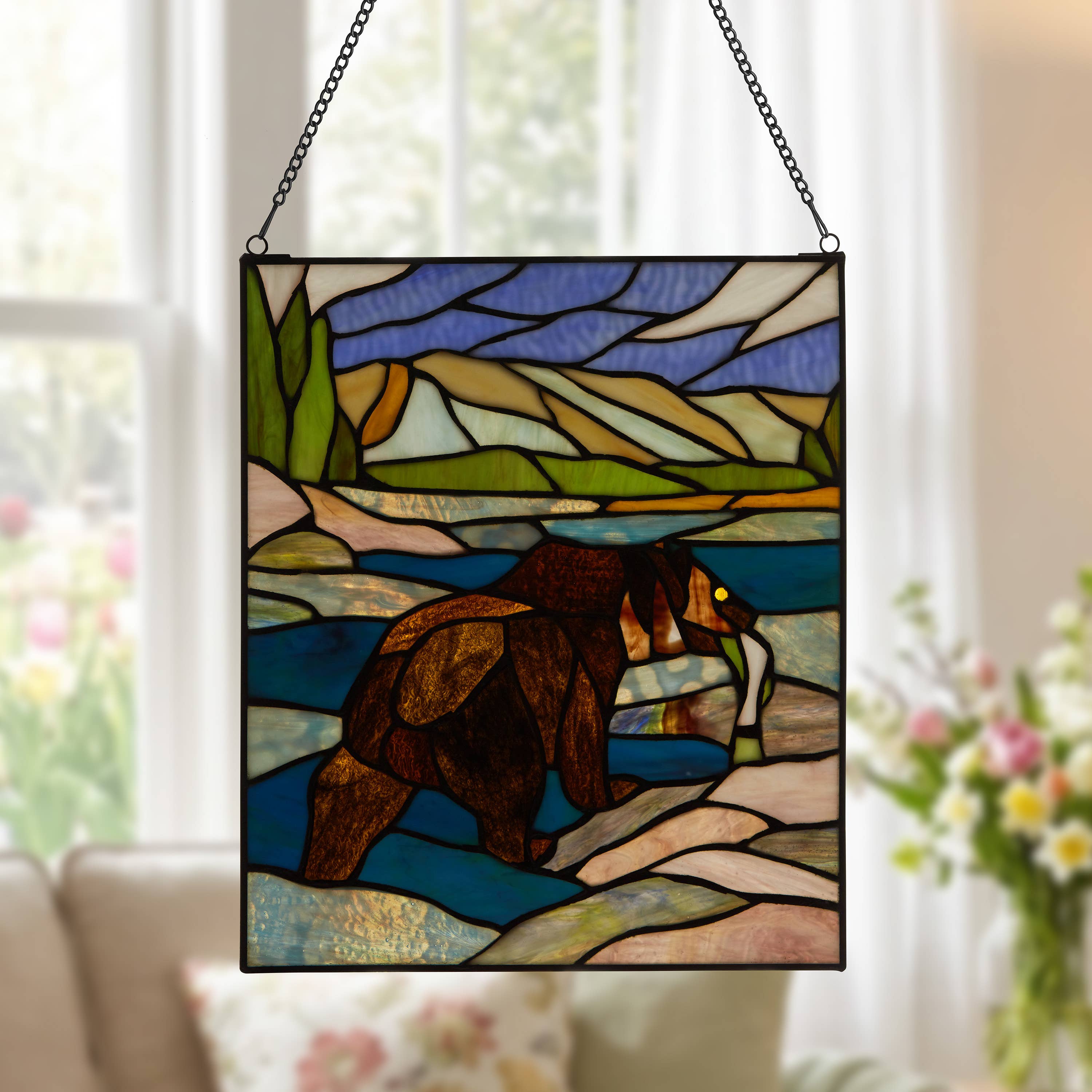 14"H Brown Bear Stained Glass Window Panel