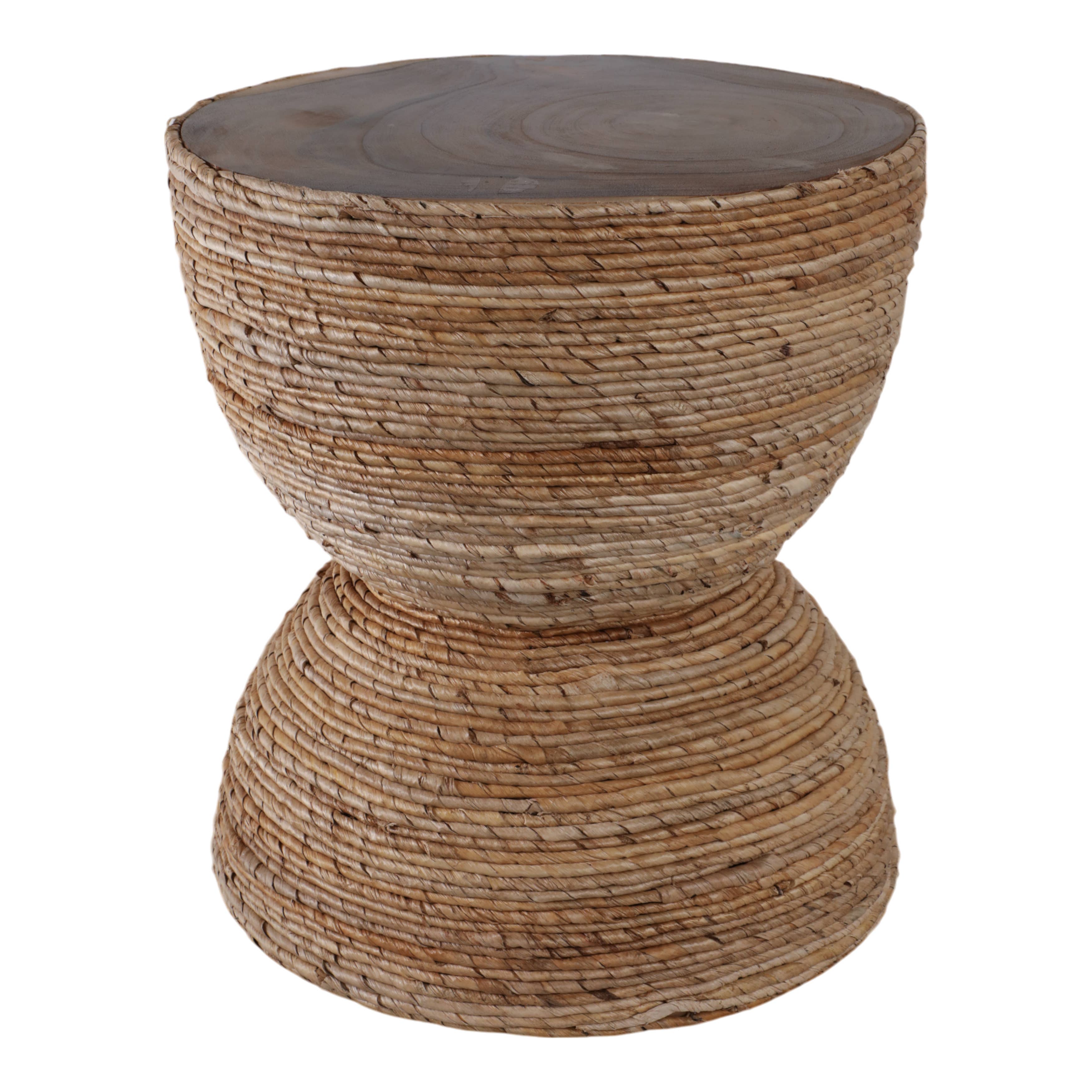 End Table - Brown Wood Woven Banana Leaf Design, 18 in.