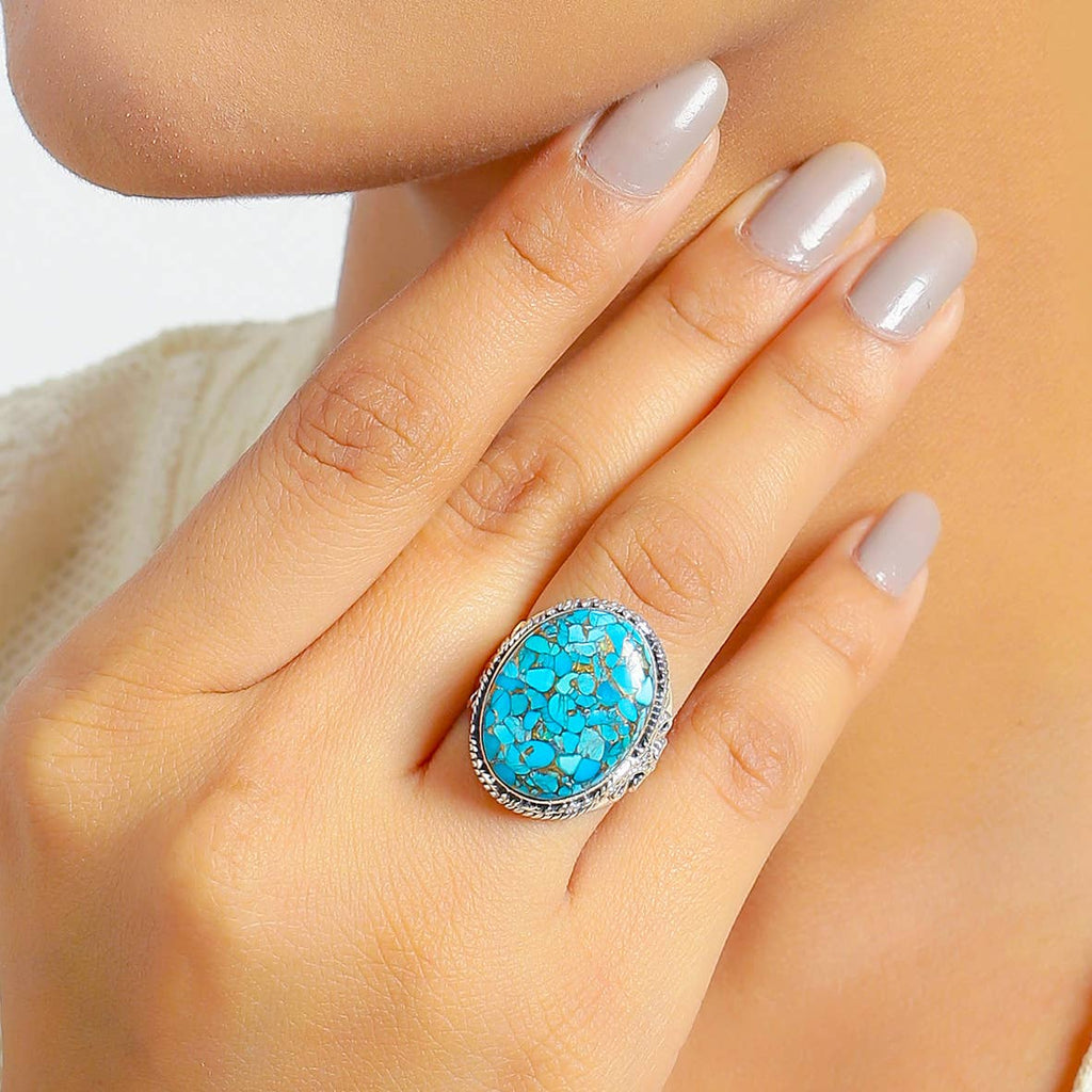 Blue Copper Turquoise 925 Sterling Silver Solitaire Ring: 7