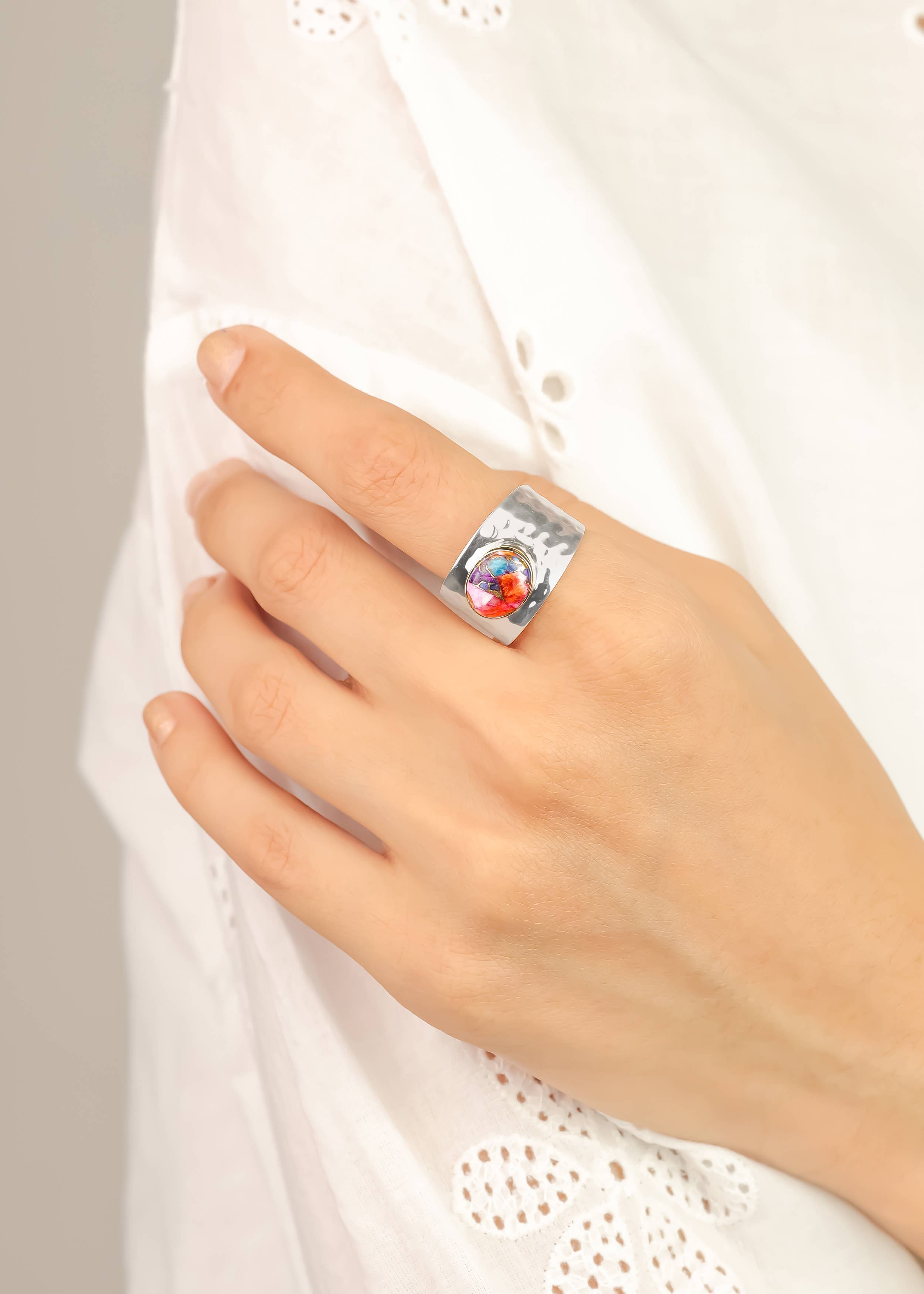 Silver Plated Pink Oyster Copper Turquoise Statement Ring: 7