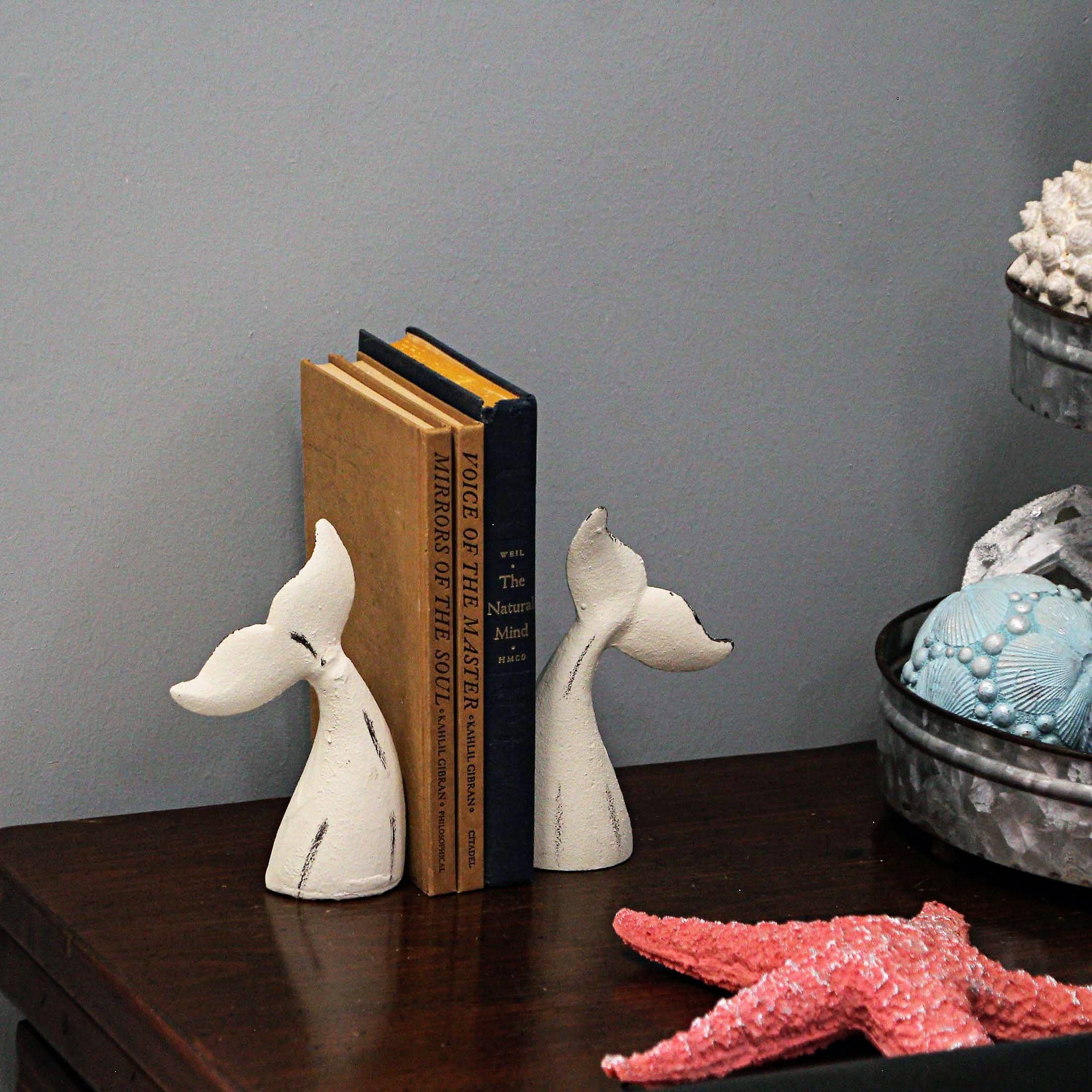 Set of 2 White Cast Iron Whale Tail Bookends