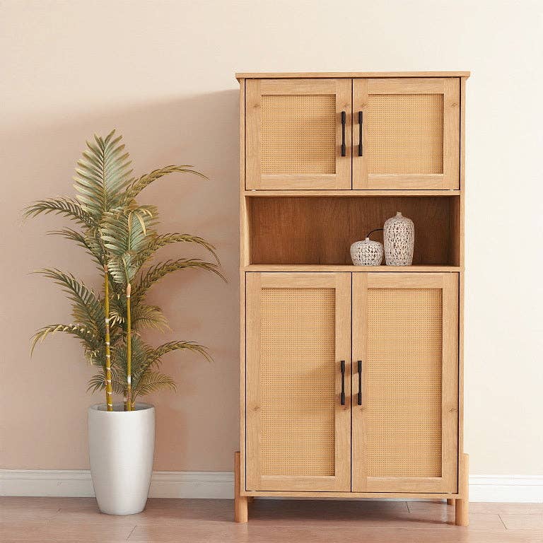 Mid-Century Modern 4-Door Storage Cabinet with Rattan Doors